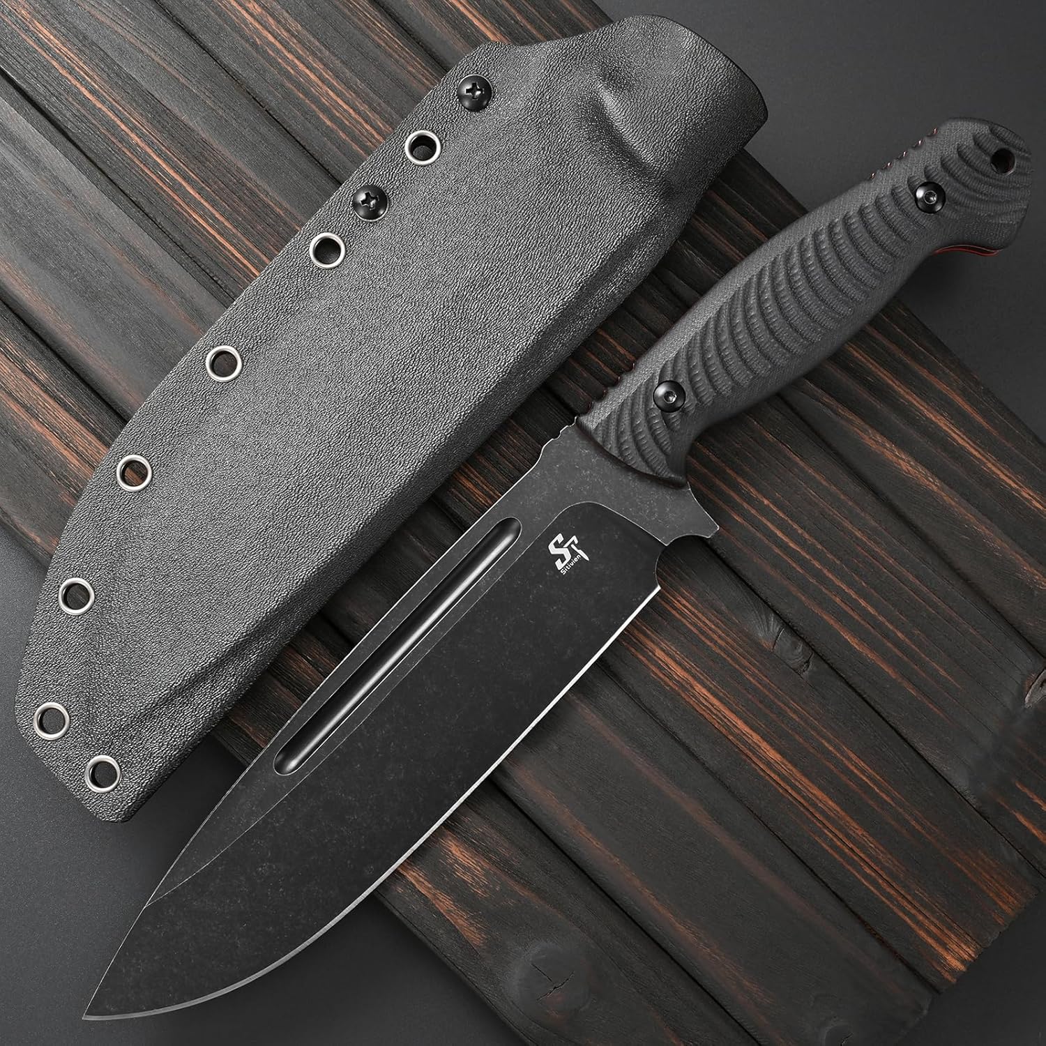 Sitivien ST27 Fixed Blade Knife and Kydex Sheath on a wooden background