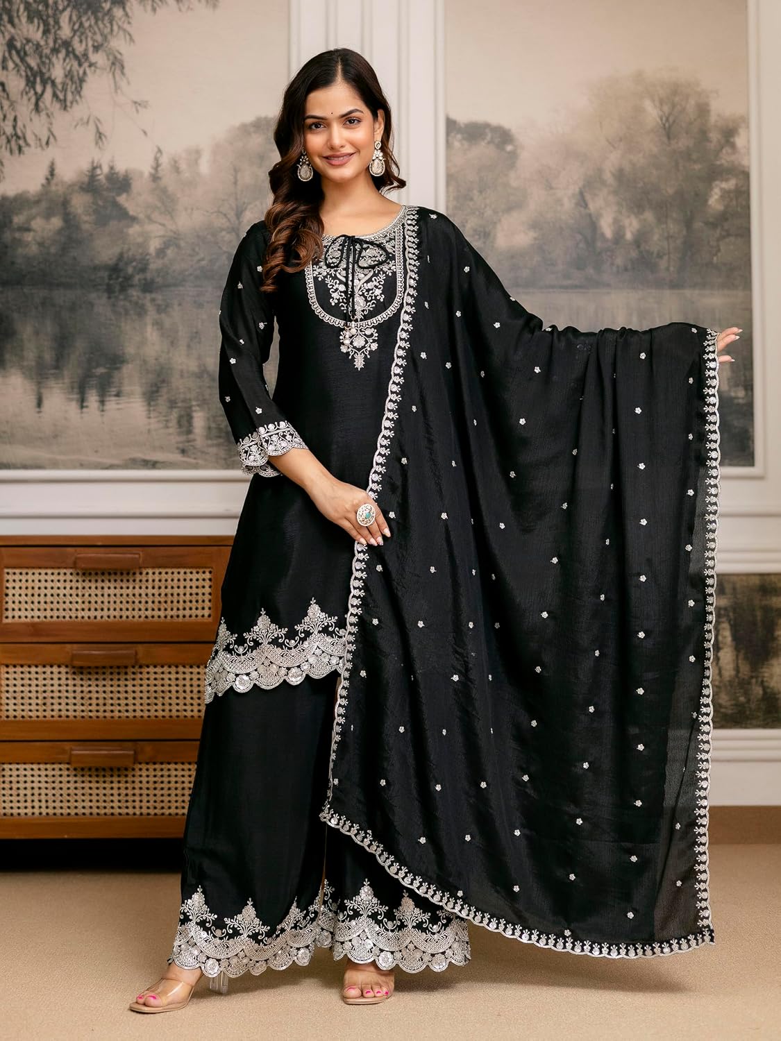 TRENDMALLS Women's Chinon Embroidery Sequence Work Kurta Palazzo with Dupatta for Women