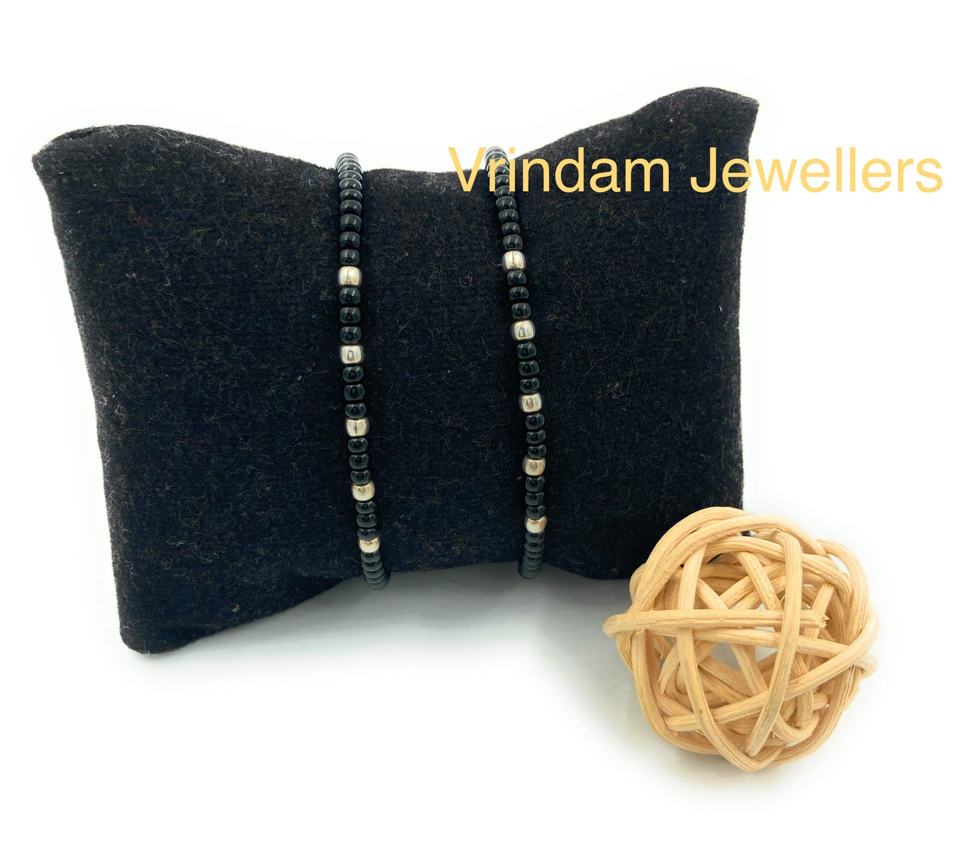 VRINDAM JEWELLERS 925 Sterling Silver Baby Nazariya Bracelet Pair | Black Beads Adjustable Kada for Infants & Newborns | Evil Eye Protection Jewelry | Traditional Handmade Silver Bracelet Set 2