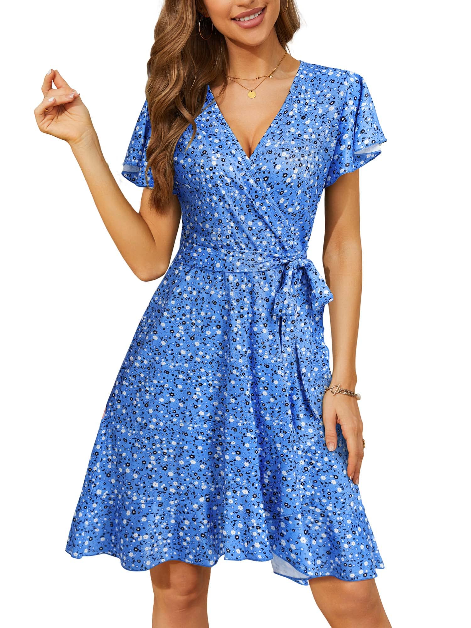 Photo 1 of HUHOT Summer Dresses 2023 Spring Casual Beach Wrap V Neck Short Sleeve Floral Sun Dress with Belt