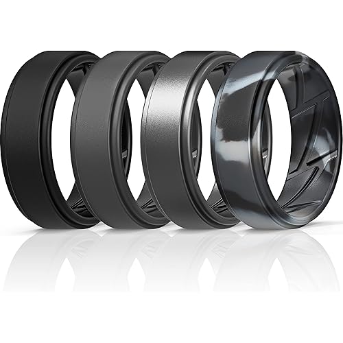 ThunderFit Silicone Wedding Rings for Men Breathable Airflow Inner Grooves - Step Edge Sleek Design Breathable Rubber Engagement Bands - 8mm wide - 2mm Thick