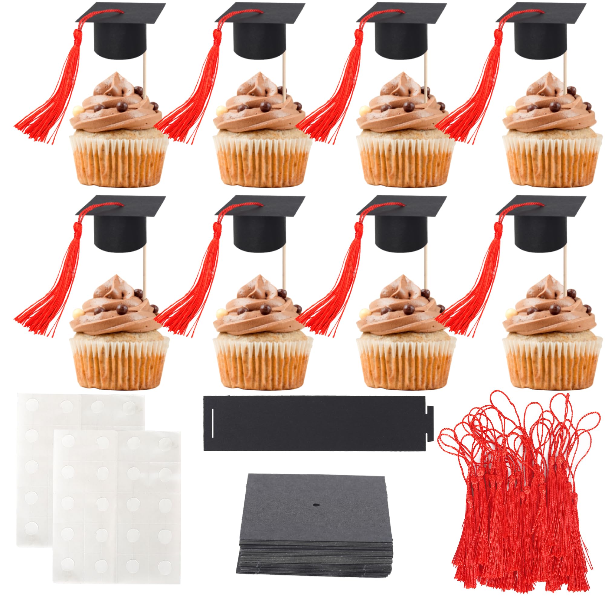 24 Pack 2026 Graduation Cap Cupcake Toppers with Red Tassel Congrats Grad Cap Class of 2026 Cupcake Picks Mini Graduation Caps Decorations for 2026 School Graduate Party Cake Decorations