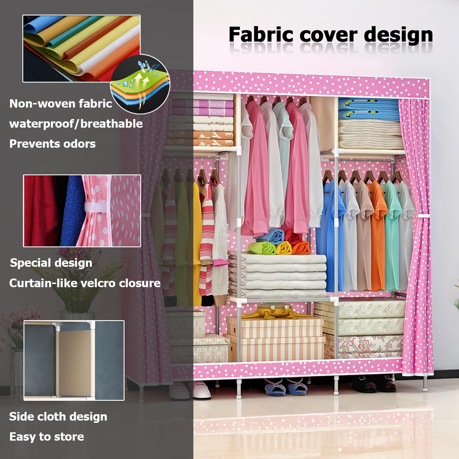 Armario Armario de Lona Armario de Tela Armario de Ropa Plegable Organizador de Almacenamiento con Riel para Colgar,Estantes de Armario para Dormitorio,Rosado-105x46x156cm