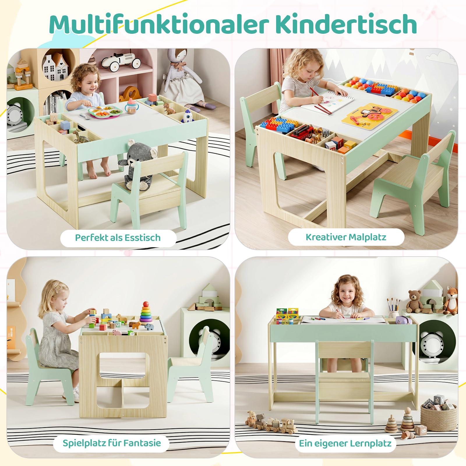 MAMIZO Table Enfant avec Rangement, Table Enfant en Bois avec 2 Chaises, avec Plateau de Réversible, pour la Garderie l'école, Dessiner Jouer, Bureau pour 3 Ans +, Couleur de Bois avec Vert