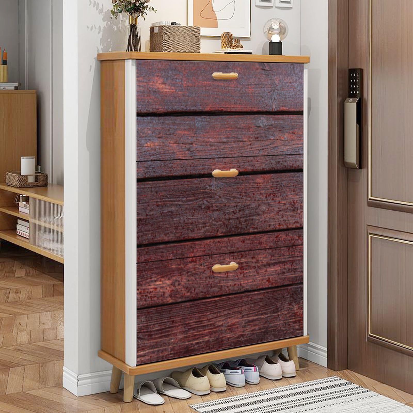 3 Drawer Shoe Cabinet, Artistic shoe cabinet, Brown wooden boards raindrops Wood Shoe Rack Organizer for Entryway Slim (31.5”W x 9.45”D 46”H)