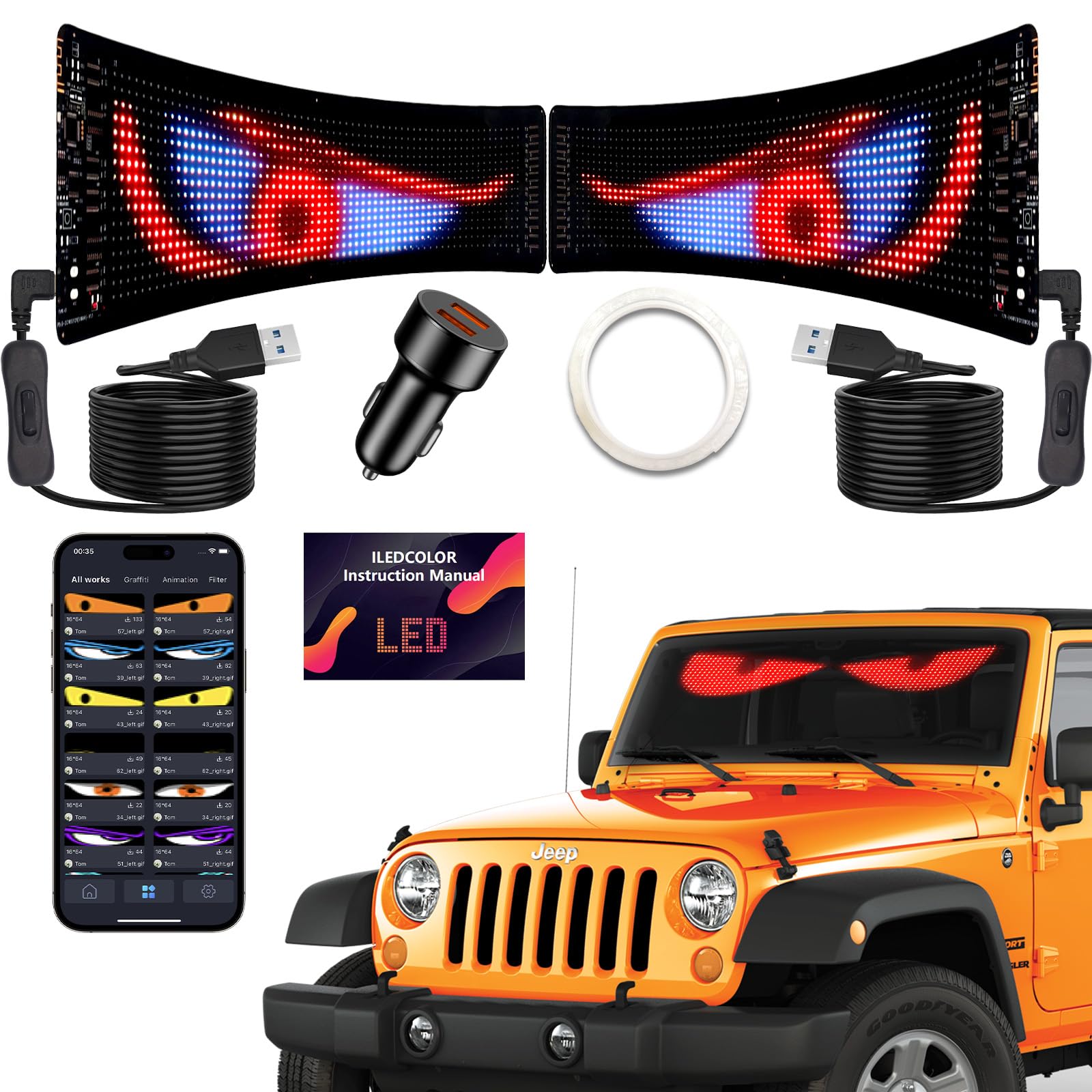 YISWHIS 2PCS Programmable RGB Devil Eyes LED for Car/Truck, 15''x4'' Flexible Animated Display with App Control ，Matrix Panel Light for SUV Windshield & Interior Decorative Lighting