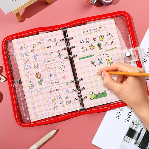 Miniatura 7 de NEWEST Cuaderno A6 con purpurina transparente de 6 anillas con 80 hojas de papel de recambio de PVC, protector de hojas sueltas de PVC con botón a