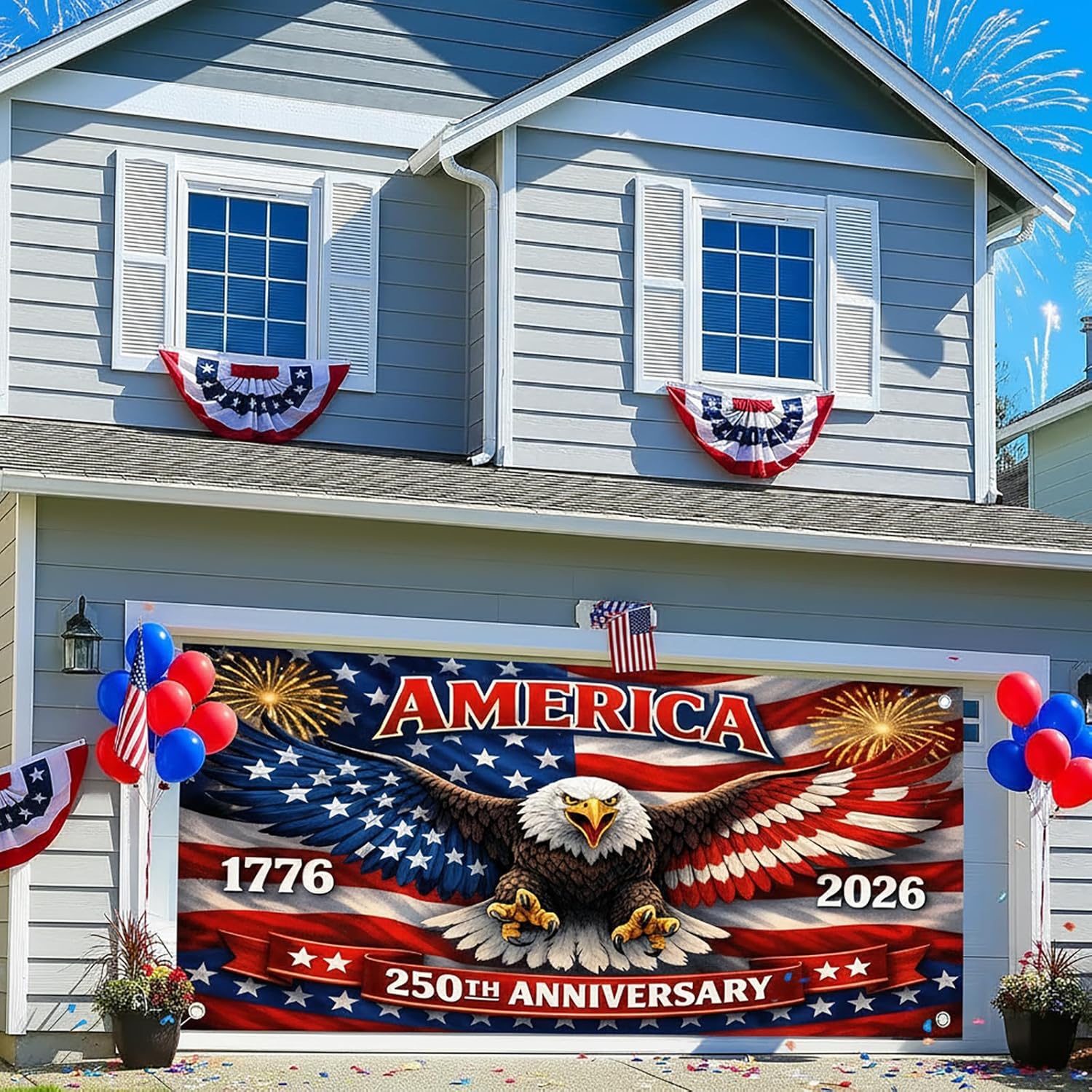 American 250th Birthday Garage Door Cover, 4th of July Patriotic Eagle Flag 1776-2026 US 250th Anniversary Independence Day Large Garage Door Banner for Outdoor & Indoor Party Decorations, 16X7Ft
