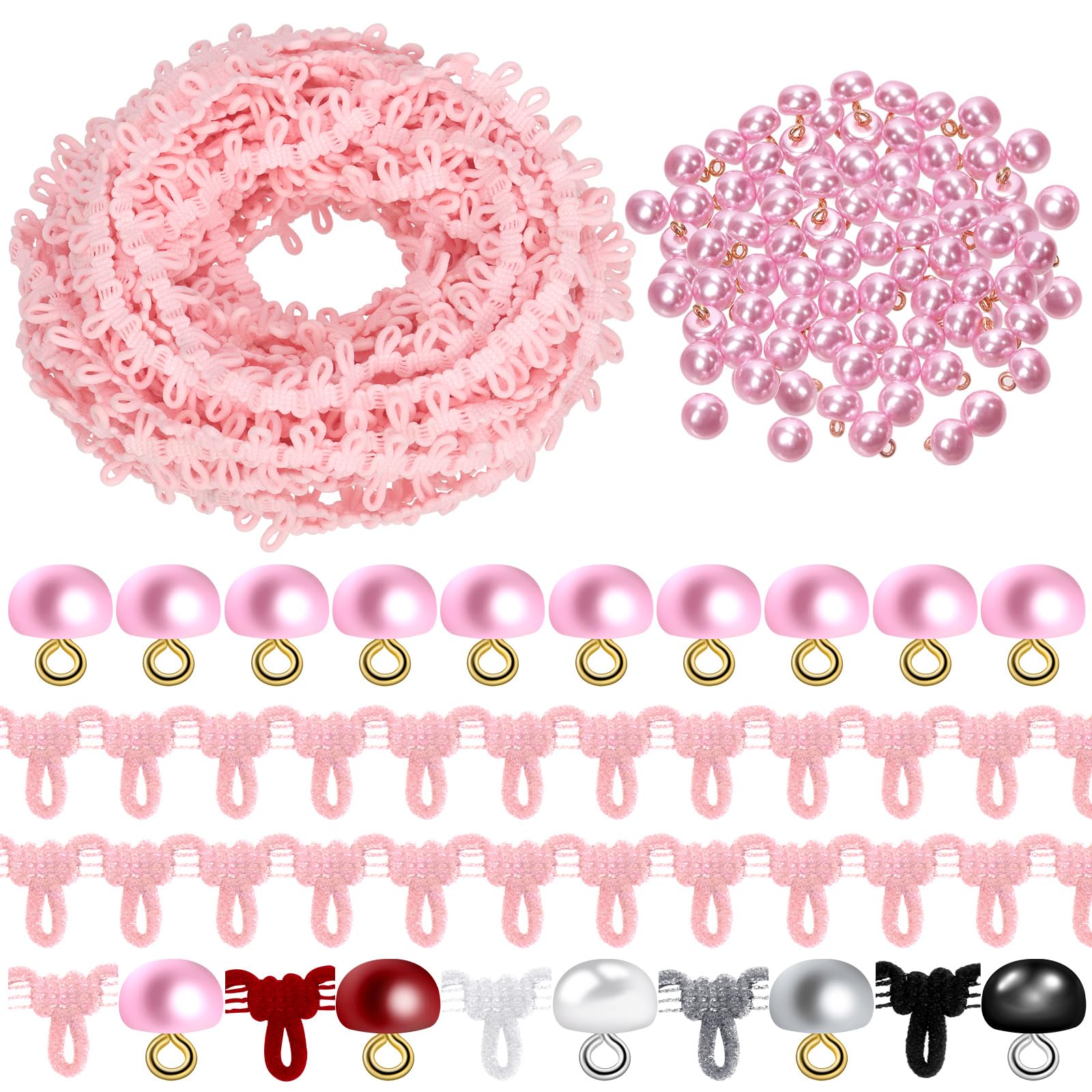 Tanstic 50 Stück 10mm Pink Pearl Knöpfe mit Schaft Halb Pearl Knöpfe Pilz Domed Runde Schaltfläche mit elastischer Knopf Schleife für Nähen Kleid Shirts Handwerk