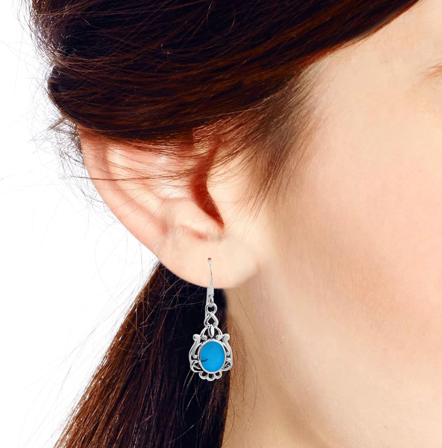 Vintage Style Oval Simulated Turquoise .925 Sterling Silver Earrings