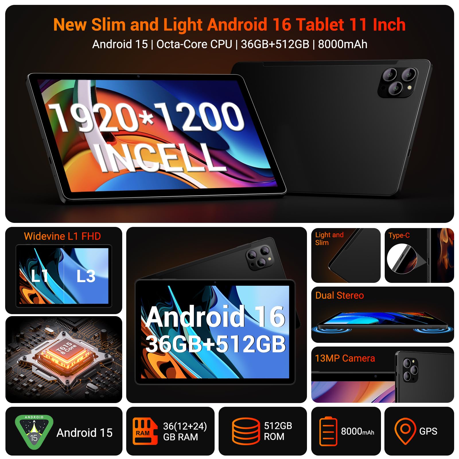 Android 16 Tablette 11 Pouces avec 36Go RAM+512Go ROM(2To TF), Octa-Core, 8000 mAh, 8MP+13MP, 5G WiFi/BT 5.0/GPS/Widevine L1/Gemini AI/Claviers/Souris/Stylet et Tablette Tactile-Noir