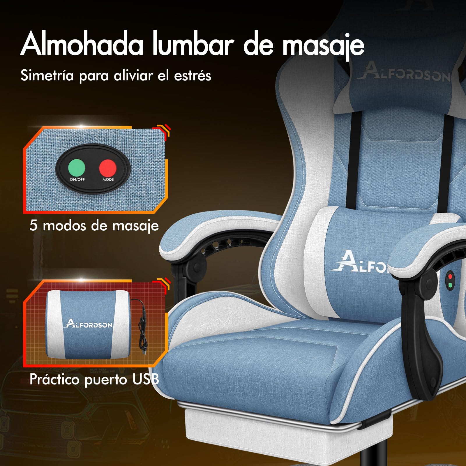 ALFORDSON Silla Gaming Ergonómica con Masaje, Silla Gamer de Oficina con Lumbar Massaggiante, Reposapiés Retráctil,Altura Ajustable,Reclinable 150°,Asiento Cómodo,Soporta 180 kg, Lino(Azul y Blanca)