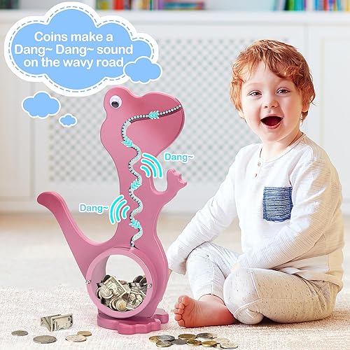Miniatura 4 de Hucha de dinosaurio de madera Boalord para niños y niñas, banco de monedas de animales de vientre grande transparente para niños pequeños, juguete