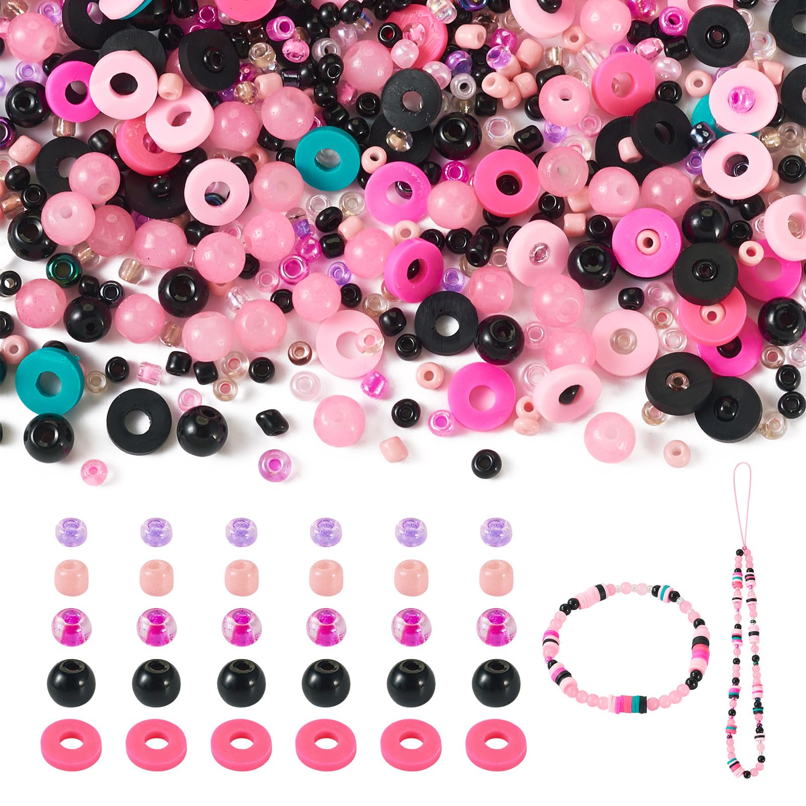 PandaHall 66g Clay Beads Kit 6mm Flat Round Polymer Clay Beads Imitation Pearl Beads Pony Seed Beads for DIY Friendship Bracelet Jewelry Making, Pink