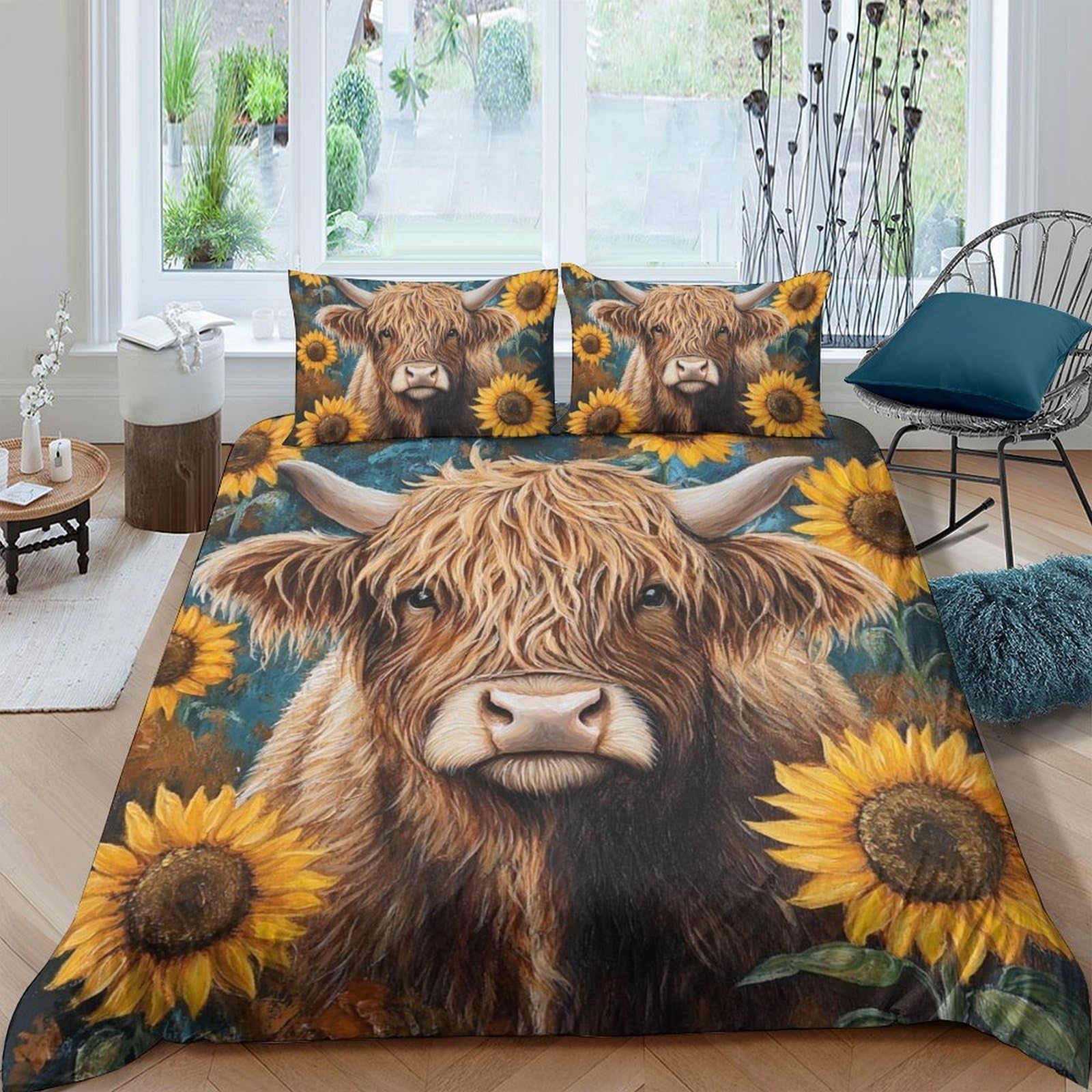 Ctjqhvkz Style-10 3D Printed Highland Cow Sunflower Fitted Sheet Microfiber Soft Anti-Slip Bed Cover For Bedroom Dorm Mattress Protection Single（135X200cm）