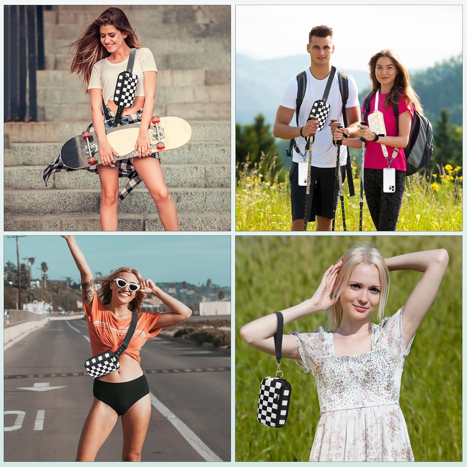 YFWE Clip and Go Strap for Phone with Wallet Crossbody, Adjustable Phone Lanyard with Detachable RFID Wristlet Wallet, Phone Strap with Phone Tabs for All Phones, Black Checkered (L)