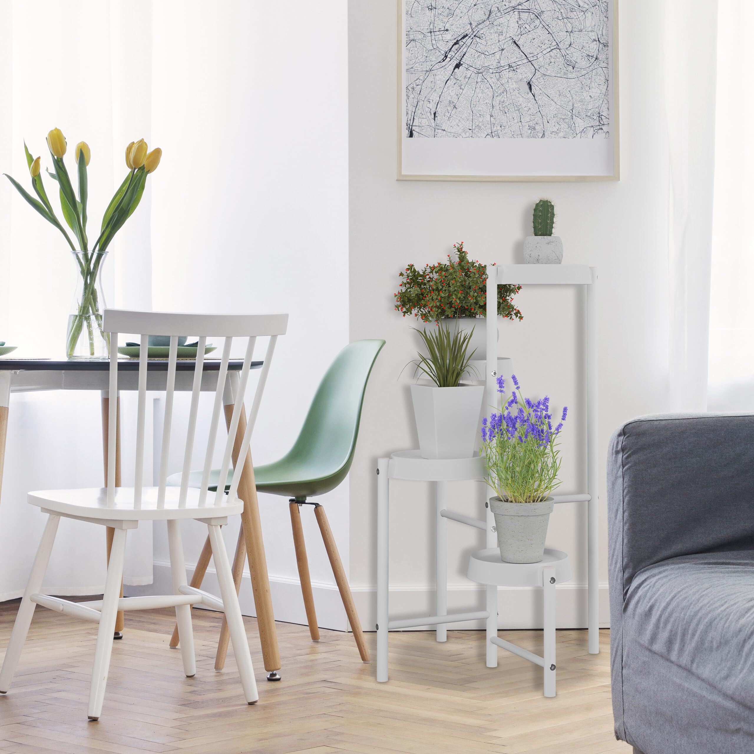 Relaxdays Stojak na rośliny, 4 półki, metal i tworzywo sztuczne, wys. x szer. x gł.: 81 x 48 x 49 cm, do wnętrz, stojak na kwiaty, biały
