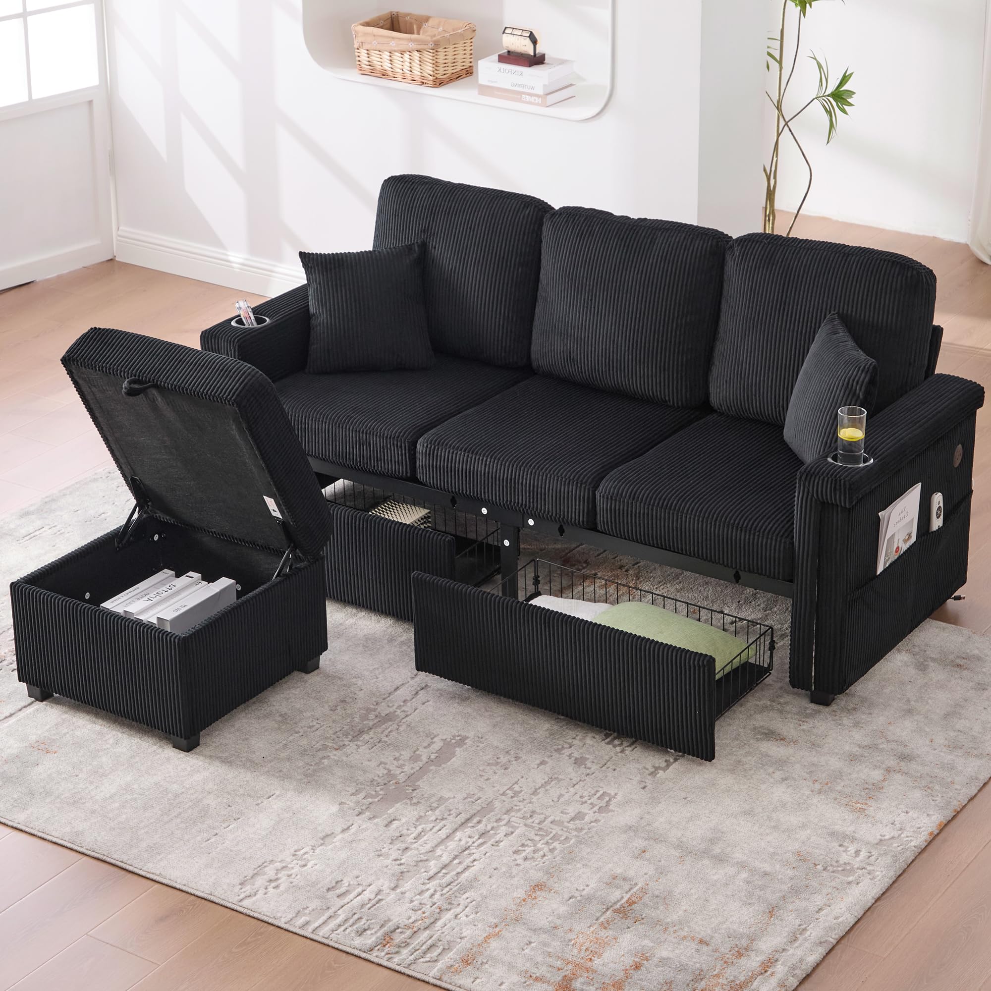 Modulares Ecksofa aus Cordstoff, Sofa mit Schlaffunktion, Couch mit LED-Beleuchtung & USB-C-Port, inklusive Stauraum-Fußteil, praktischen Getränkehaltern und Seitentaschen, Schwarz