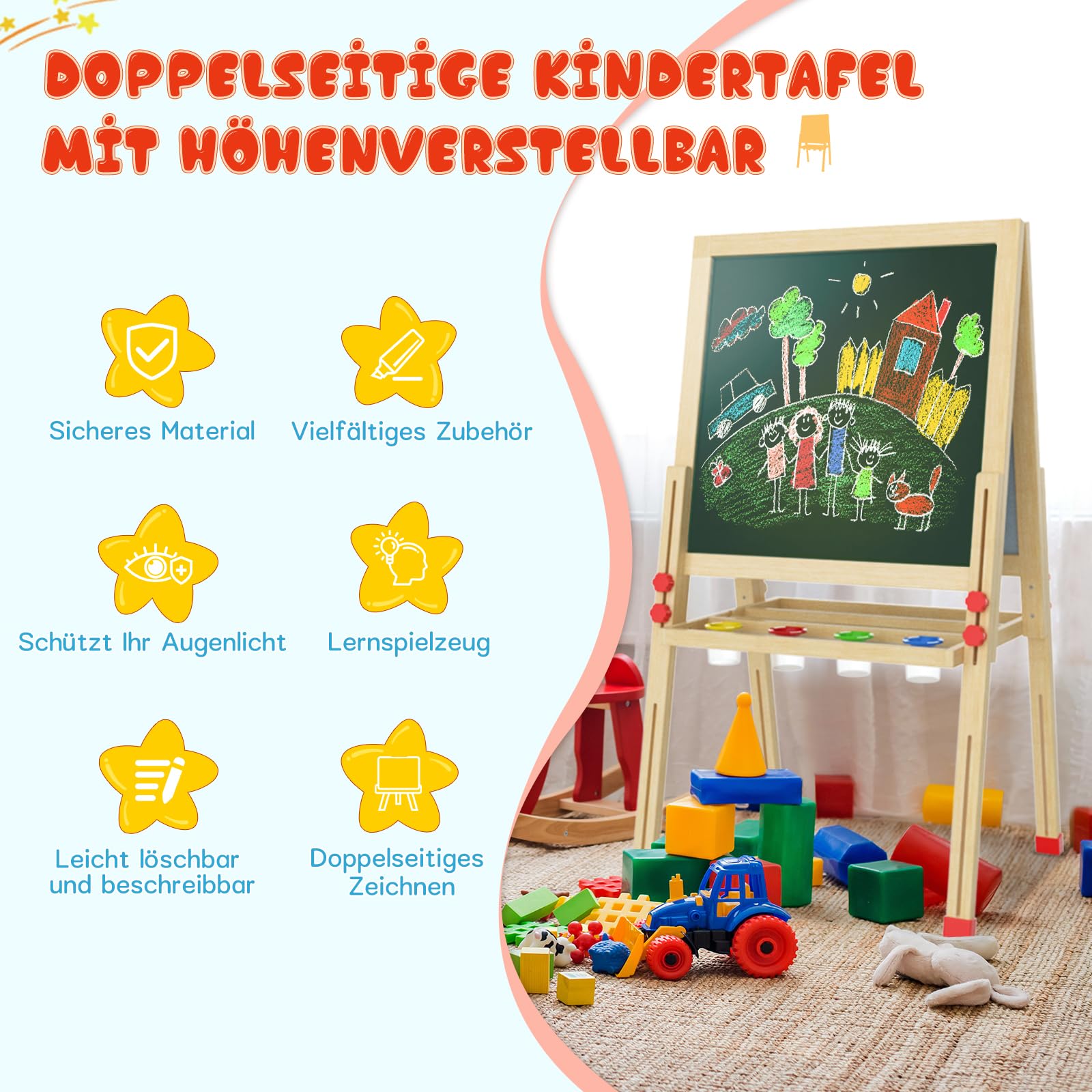 Dripex Kinder Tafel Holz Kindertafel Malerei Holztafel Doppelseitige Kreidetafel und Whiteboard Höhenverstellbar Standtafel mit 24Stk Zubehör (ab 3 Jahre)