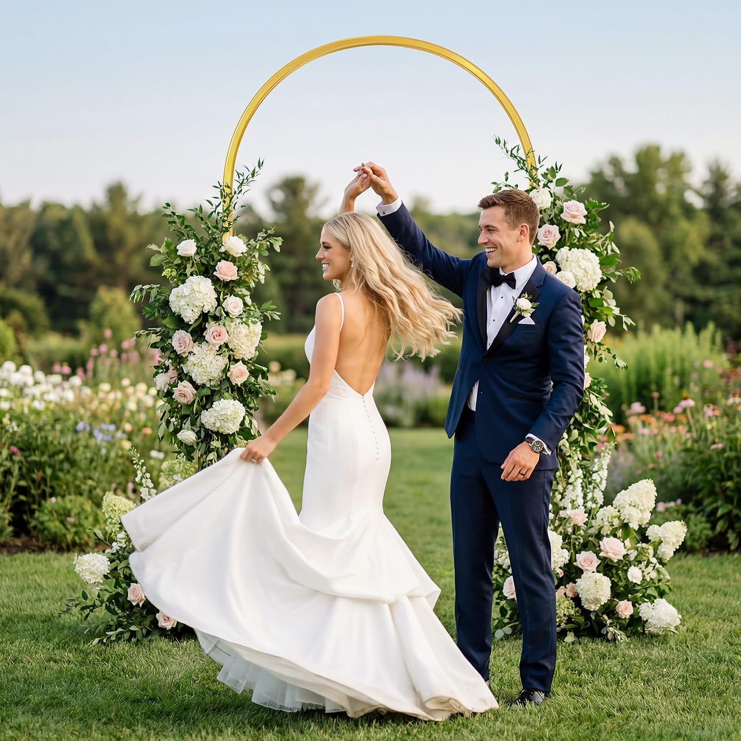 toolterritary 8 ft wedding arch backdrop stand, stable heavy duty metal wedding arch frame for ceremony, reinforced balloon arch stand for birthday party & baby shower, gold 8 x 4.6ft(hxw)