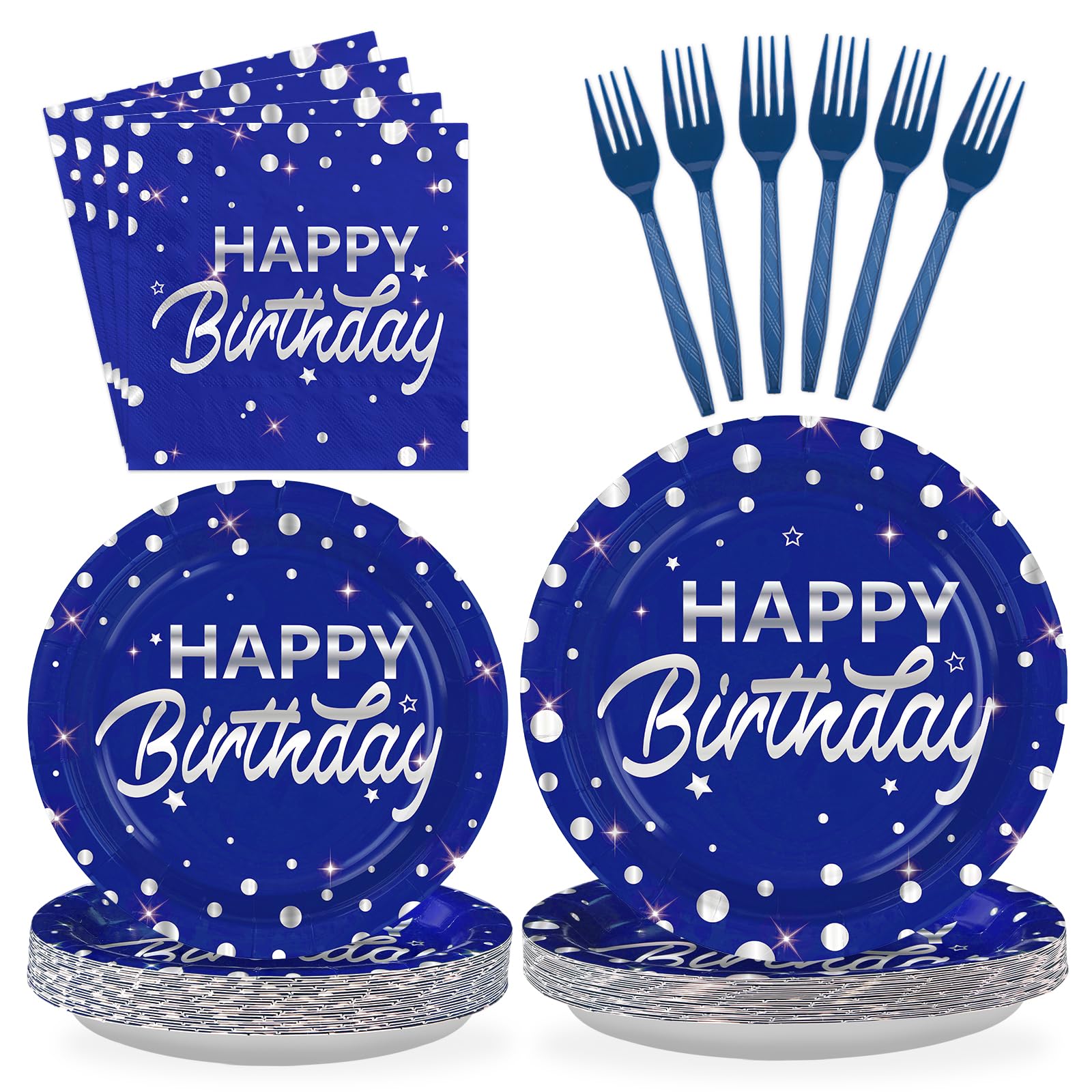 96Pcs Blue and Silver Birthday Party Decorations, Serves 24