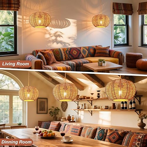 Miniatura 5 de Luces colgantes colgantes con cable enchufable, luces colgantes con pantalla de lámpara de ratán, cuerda de cáñamo de 16.4 pies, accesorio de