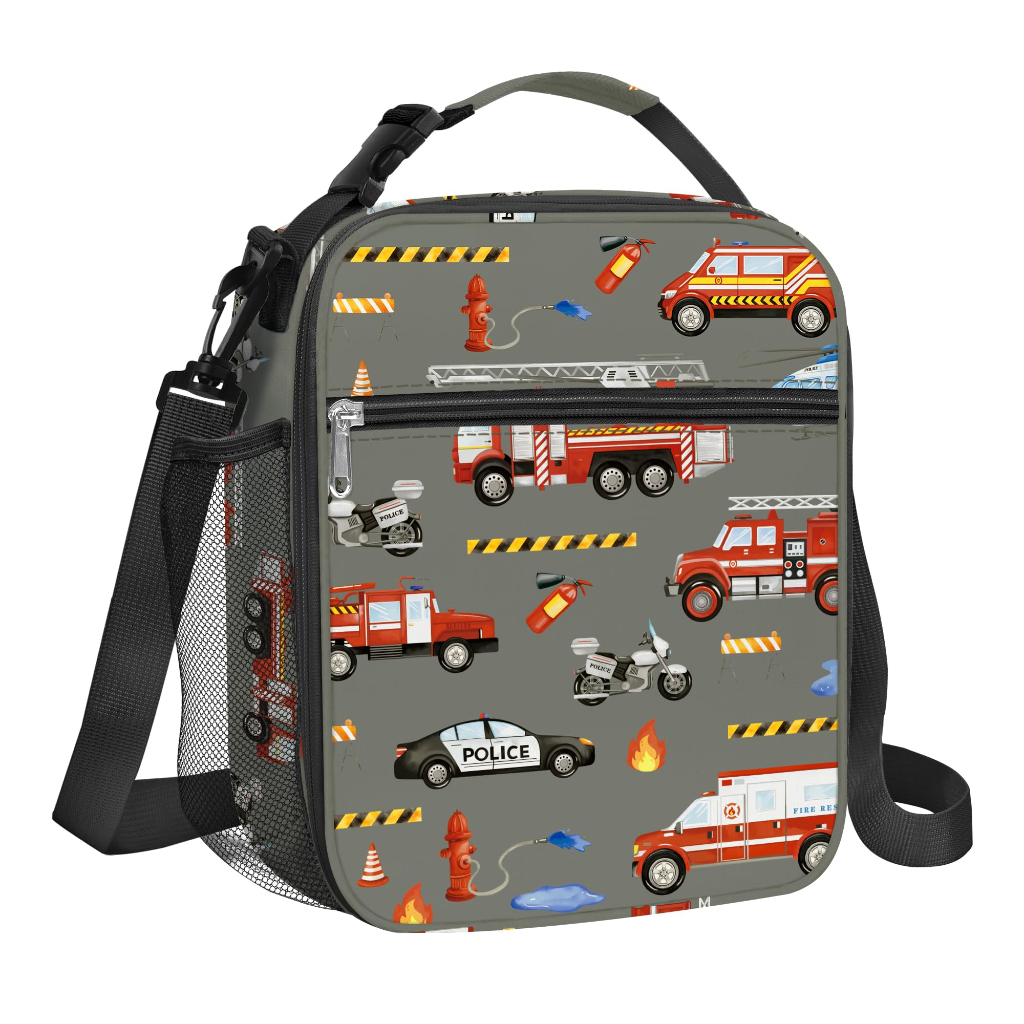 Clastyle Bolsa Termica Porta Alimentos Bebe Gris Camión de Bomberos, Bolsa Almuerzo Infantil Ambulancia de Urgencias Reutilizables con Correa, Bolsa Comida Niños para Viaje Picnic Guarderia