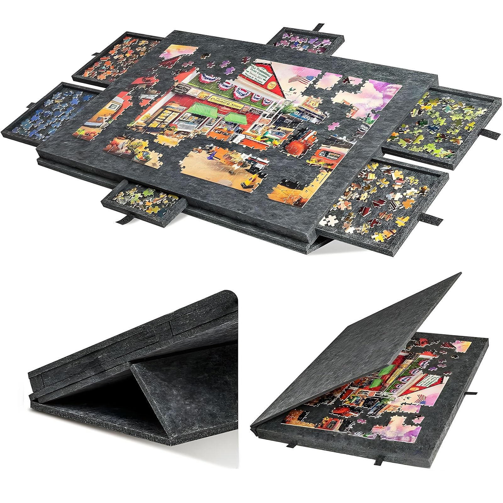 1500 elementów uchylnej planszy do układania puzzli z 6 szufladami, składany stół do układania puzzli 2 w 1 z regulowaną podstawą, lekkie plansze do gry dla dorosłych black