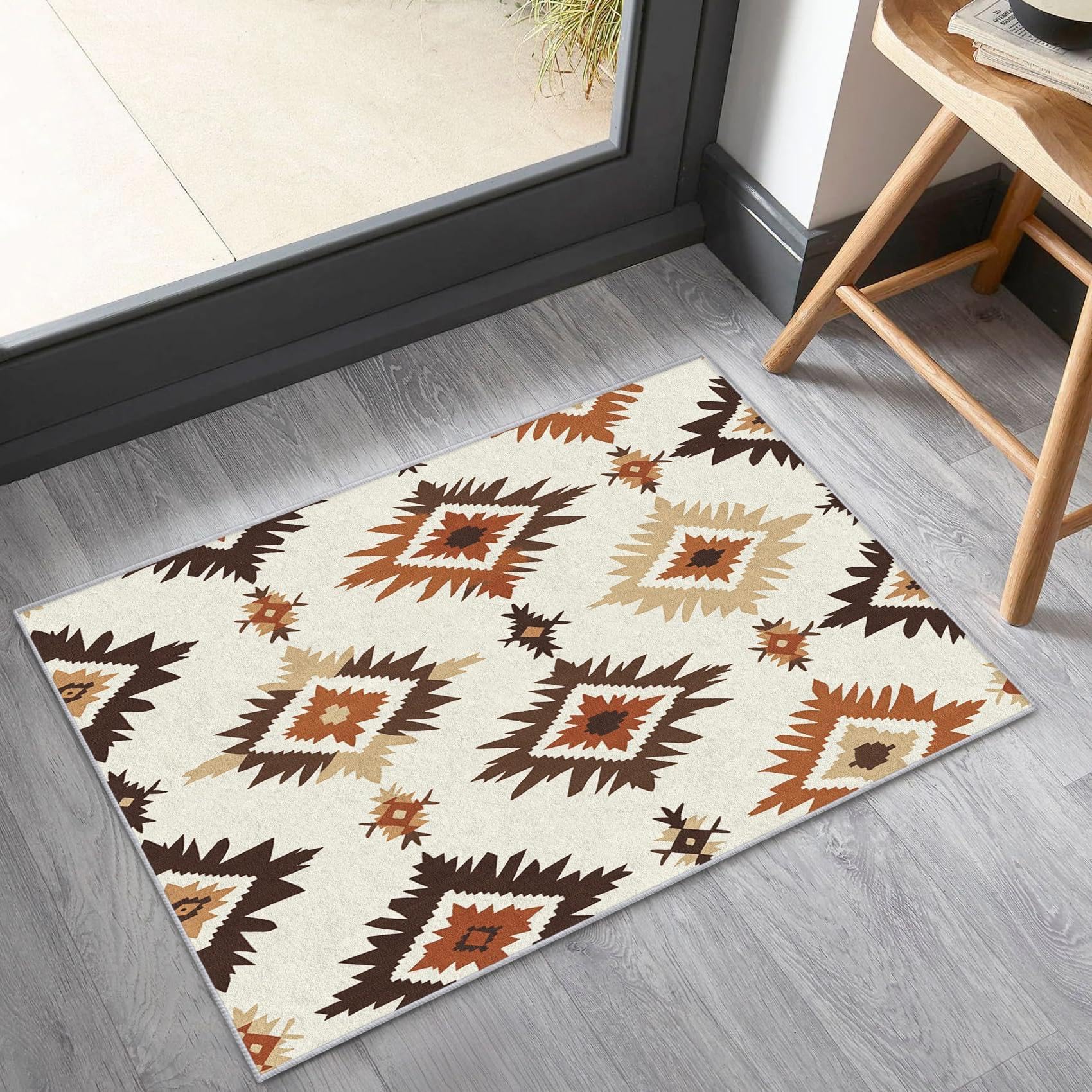 Tapis aztèque du sud-Ouest pour Salon 70 x 140 cm, Tapis amérindien pour entrée, Chambre à Coucher, Tapis de Sol d'intérieur géométrique bohème, paillasson Lavable et antidérapant, Marron