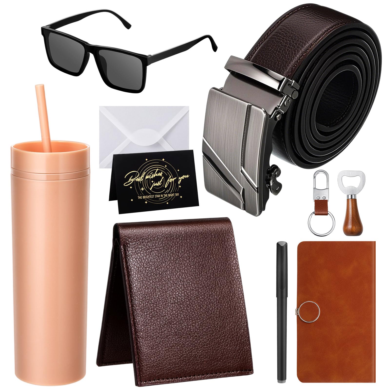Tioncy 12 Pcs Men Father's Day Birthdays Gift Set with Box Basket Party Tumbler Wood Bottle Opener PU Leather Wallet Tie Belt Keychain Sunglasses Pen