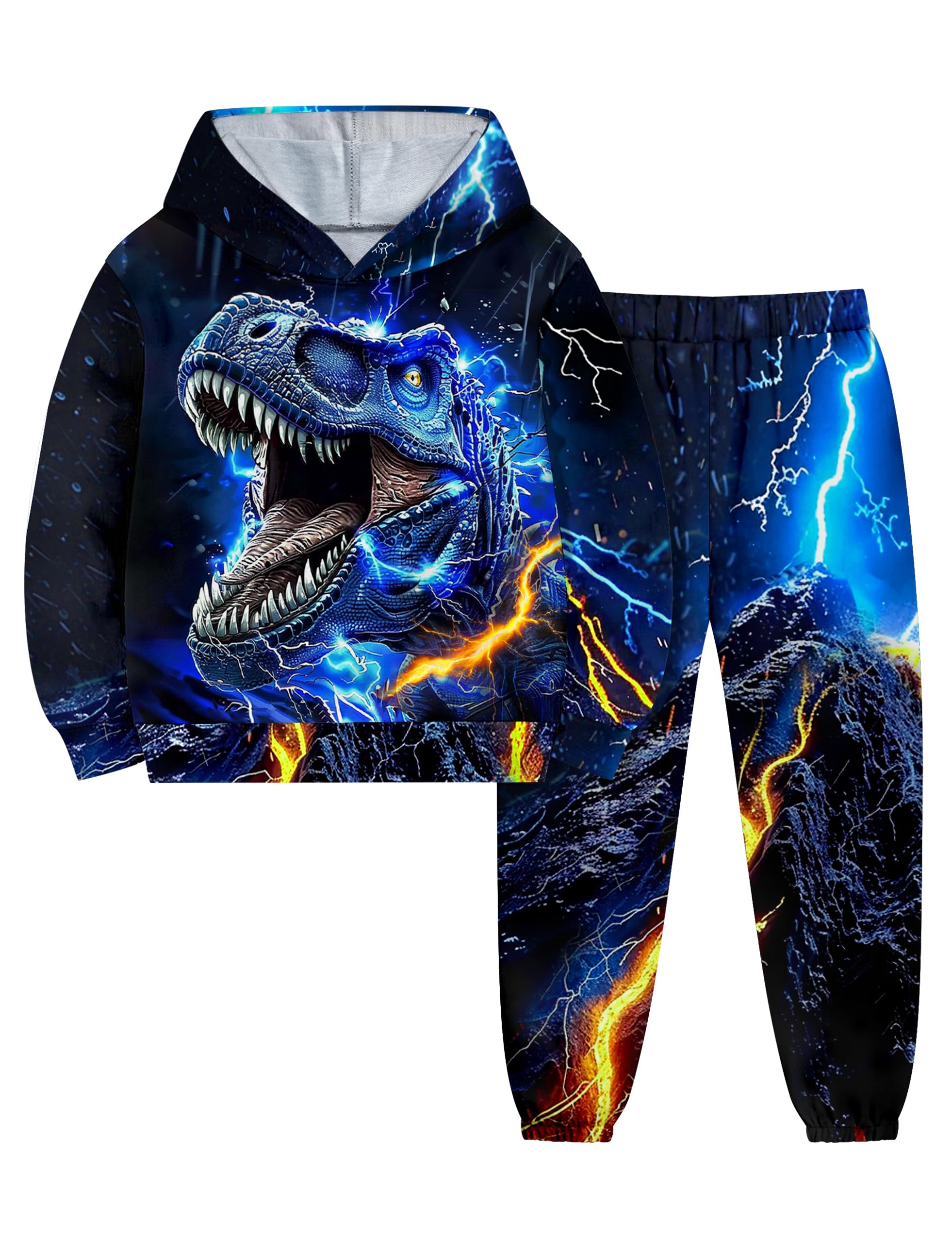 Boys Clothes, T-Rex Print Dinosaur Boy Clothes Fall Winter Outfits Long-sleeved Hooded Sweatshirt Pants 2Pcs Set