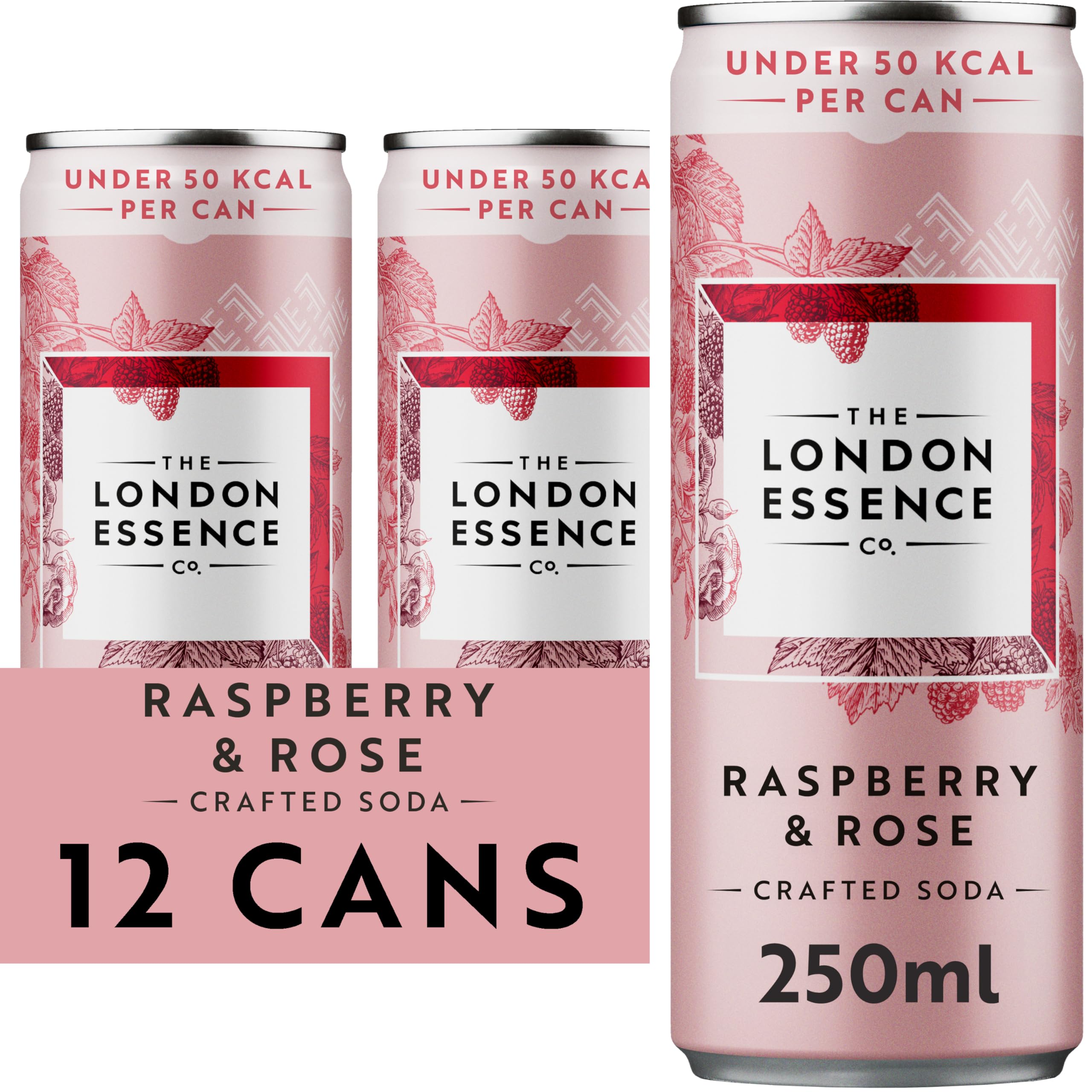 Raspberry & Rose Crafted Soda, Premium Soft Drink, 250ml, Pack of 12 cans, No Artificial Colours Preservatives or flavours, Low Calorie