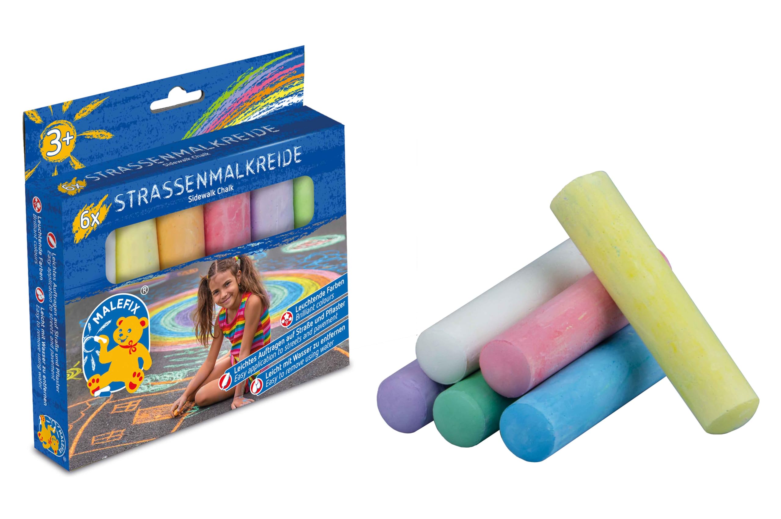 Pustefix Malefix Street Painting Chalk | Pack of 6 | Painting Chalk for Children and Adults | Variety of Colours | Bright and Strong | Water-Soluble | For Street and Yard