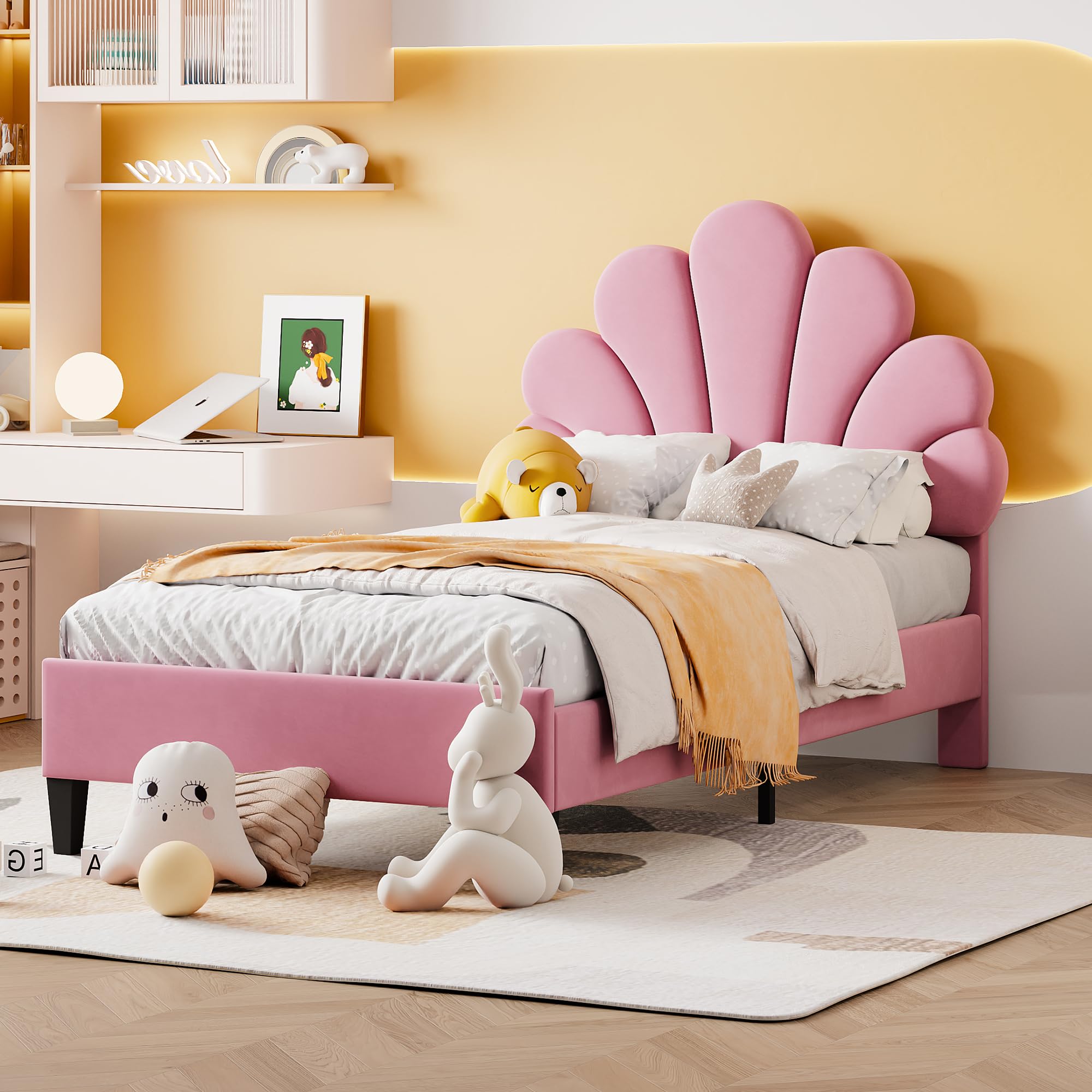 Letto Bambini 140x200 Cm A Forma Di Conchiglia Con LED - Rosa E Bianco, Testiera Regolabile