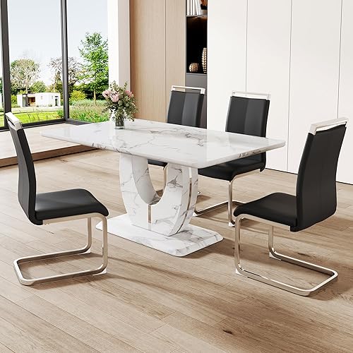 Miniatura 20 de Moderno juego de mesa de comedor de mármol sintético blanco para 4, 5 piezas rectangulares y 4 sillas tapizadas de piel sintética, mesa de comedor