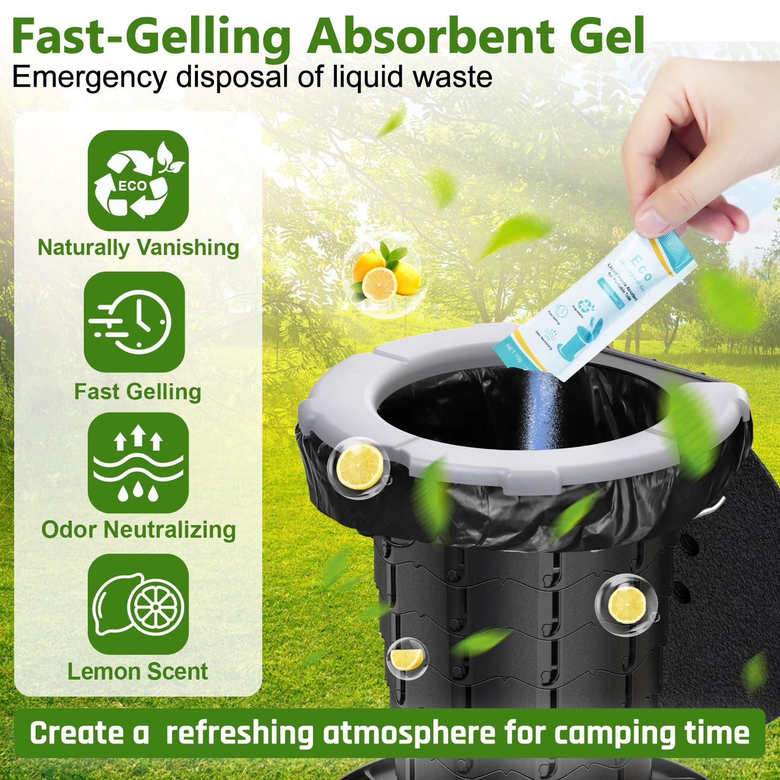 BLIKA Gel absorbente de inodoro portátil, polvo de gel de inodoro para camping, gel de residuos líquidos de orina para control de olores, gel absorbente ecológico, polvo de orina para acampar al aire
