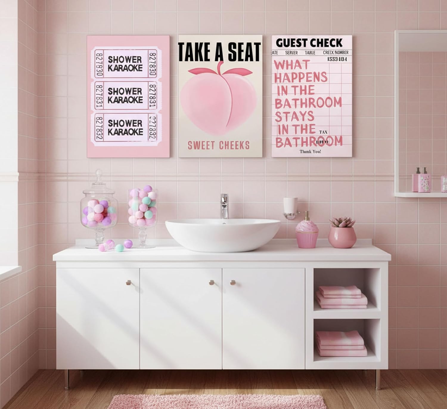 3Pcs Funny Pink Trendy Bathroom Canvas Wall art Retro Funky Humor Preppy Girls Toilet Painting Picture Wall Decor Poster Print Artwork Washroom Restroom Lavatory Home Decoration