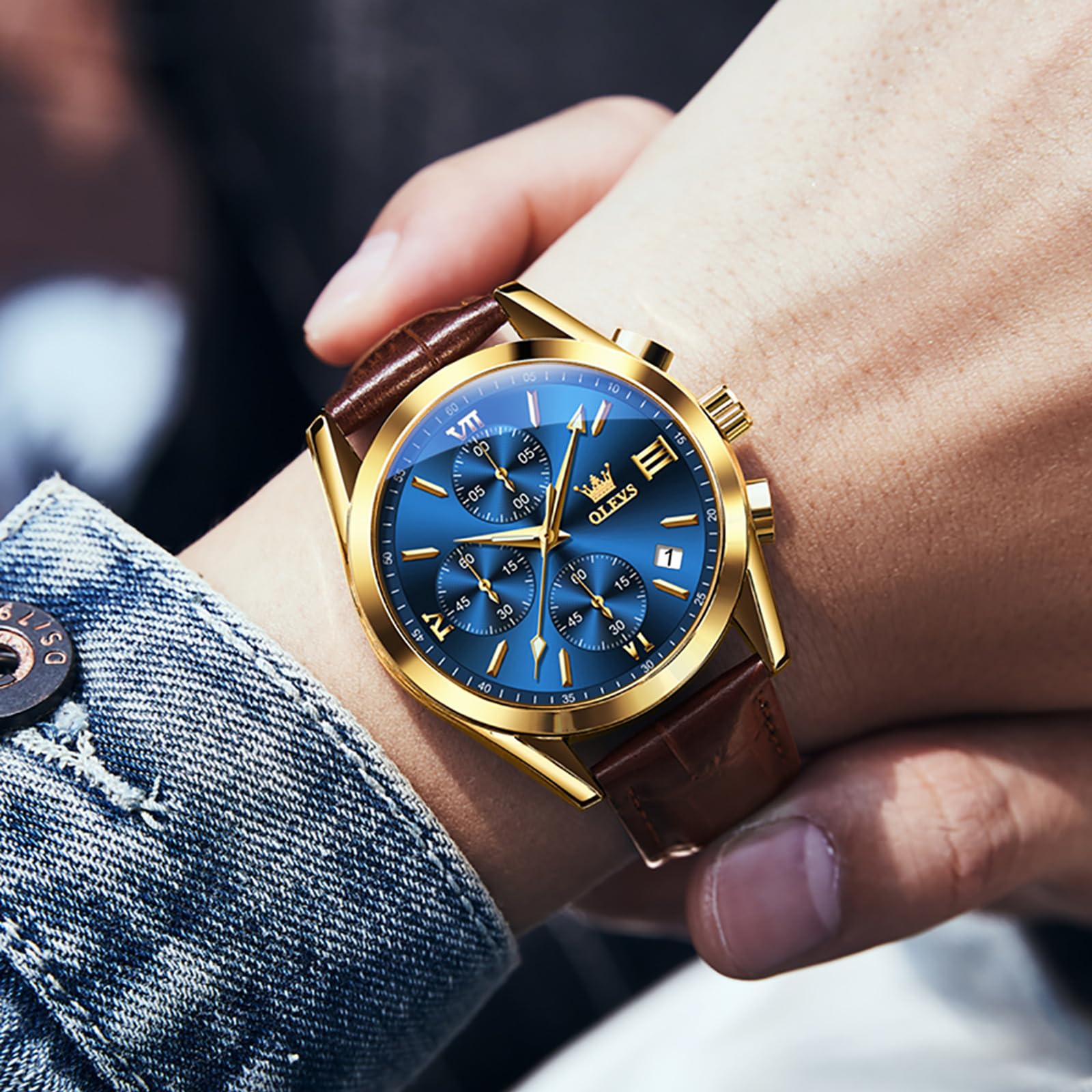 OLEVS Uhren Herren Chronograph Quarzuhr mit Lederarmband und Datum | Multifunktions 30M Wasserdicht Armbanduhr, Mineralglas Leuchtet im Dunkeln Analog Uhren fur Männer