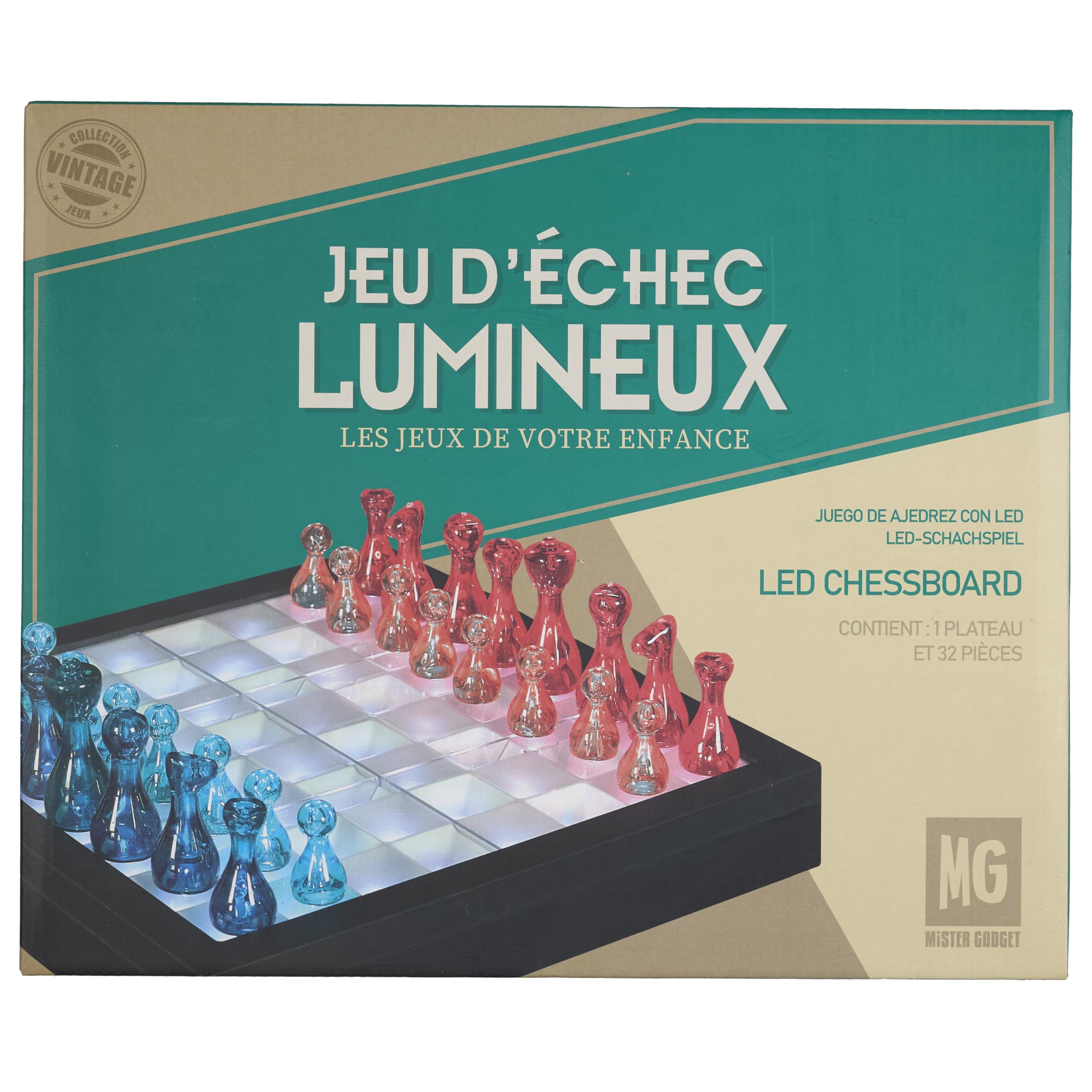 MISTER GADGET Jeu d'Échecs Transparent LED Échiquier Lumineux Multicolore | Plastique PS, jeu d'échecs transparent LED, échiquier lumineux, pièces noires bleues et blanches, soirées, multicolore