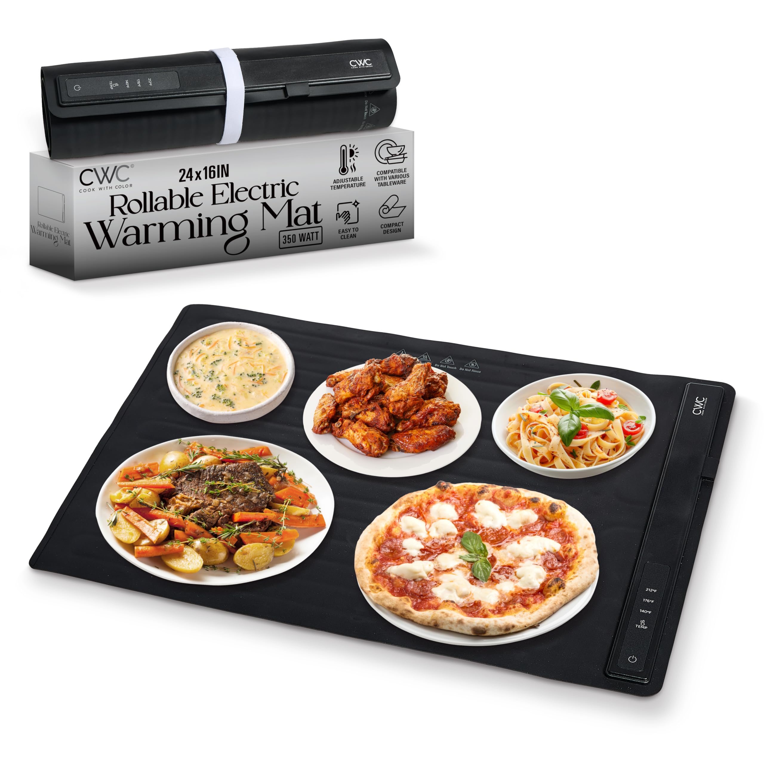 Photo 1 of COOK WITH COLOR 350W Electric Food Warming Mat - Portable Food Warmer Tray with Adjustable Temperature, Fast 60-Second Heating, Auto Shut-Off, Rollable Silicone Pad for Parties & Everyday Use, Black