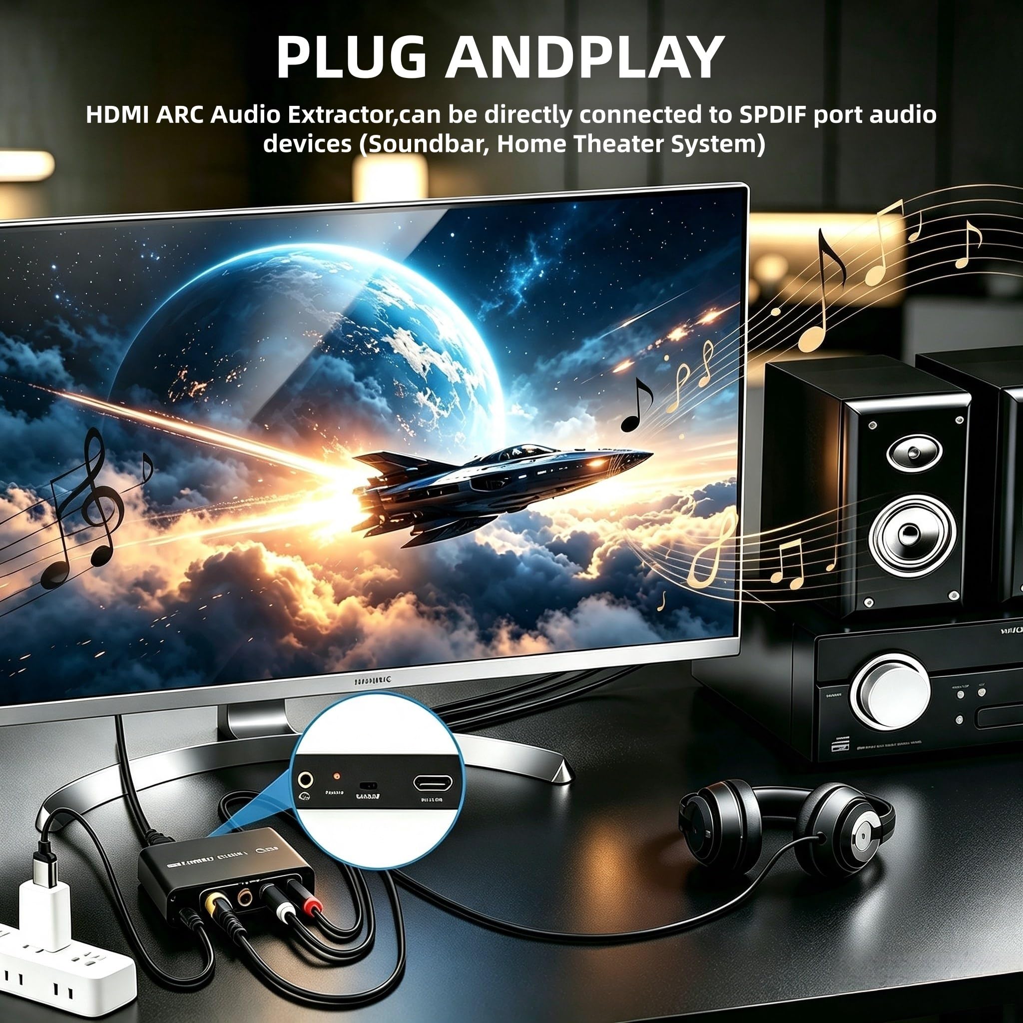 Extractor de audio HDMI ARC, adaptador de audio HDMI ARC de 192 KHz, divisor a TOSLINK SPDIF óptico + RCA L/R+ coaxial y analógico estéreo de 3,5 mm para barra de sonido HDTV-15 cm