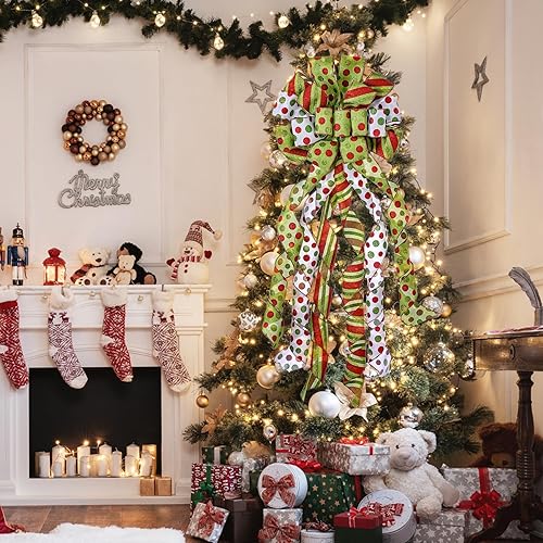 Miniatura 26 de Decoración para árbol de Navidad, lazo grande rojo para árbol de Navidad, arpillera con borde de poliéster blanco, lazos de regalo para adorno