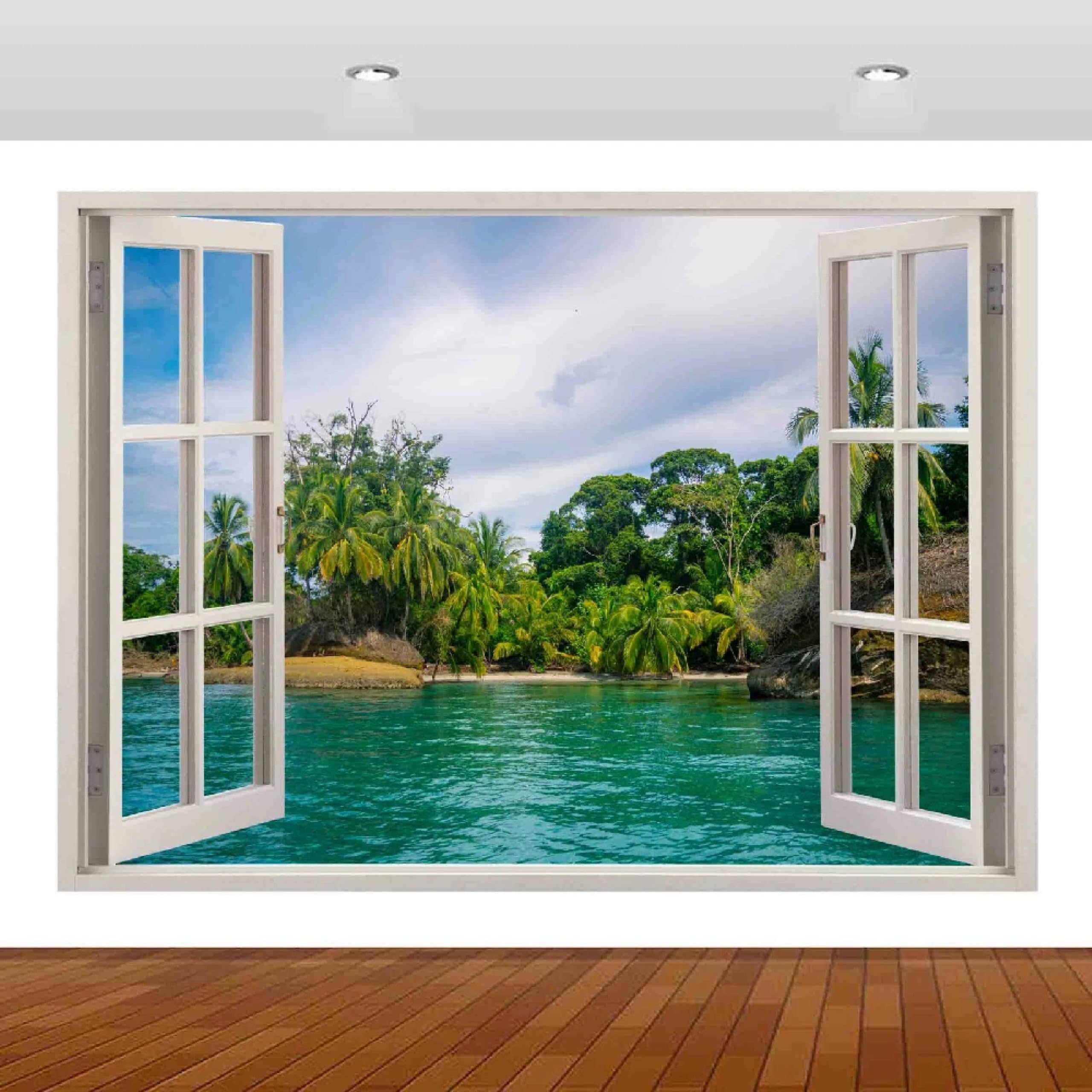 Adesivi decorativi da parete 3DPaesaggio Del Lago Di Palme Adesivi murali Decalcomanie murali 3D fracassate Wall Vinyl Family for Camera da letto Soggiorno Nursery Home Wall Décor 58x101cm