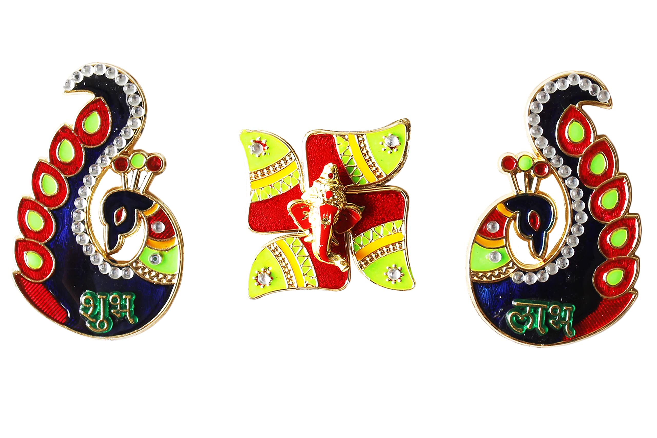 TrendBell Meenakri Royal Blue Peacock Diwali Shubh Labh with Swastikk Ganesh Stickers Item for Diwali Indian Puja Wedding & Festival Acrylic Diwali Rangoli Decoration Floor & Office Decoration