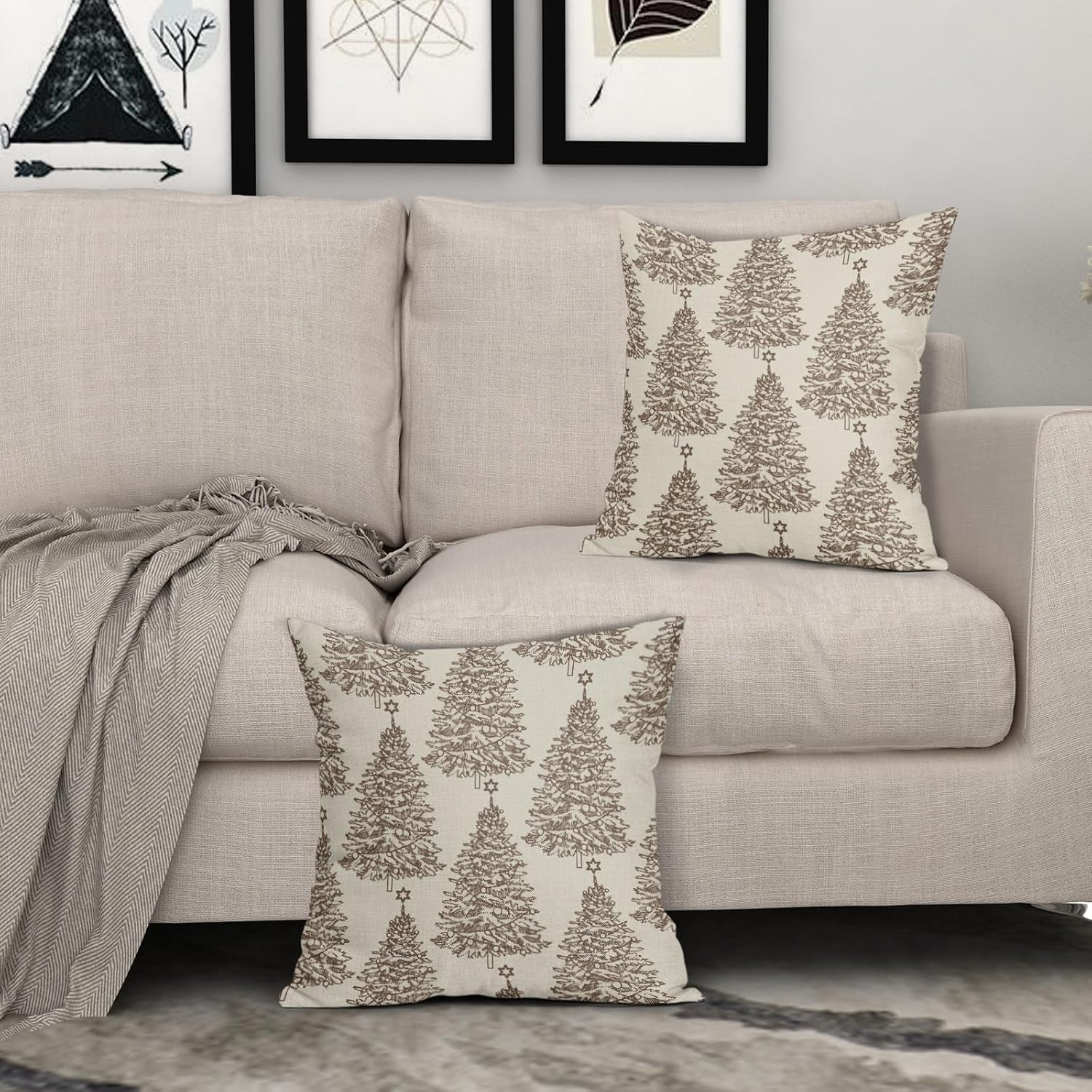 Brown Christmas Pillow Covers 24x24 Set of 2 Xmas Tree Star Rustic Holiday Print Decorative Outdoor Pillowcases Farmhouse Vintage Winter Decorations Throw Cushion Case Decor for Couch Sofa Bed