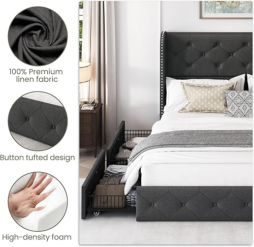 Miniatura 86 de LARMACE - Marco de cama tamaño King con 4 cajones de almacenamiento y cabecera tapizada con botones, cama de plataforma tapizada en lino con