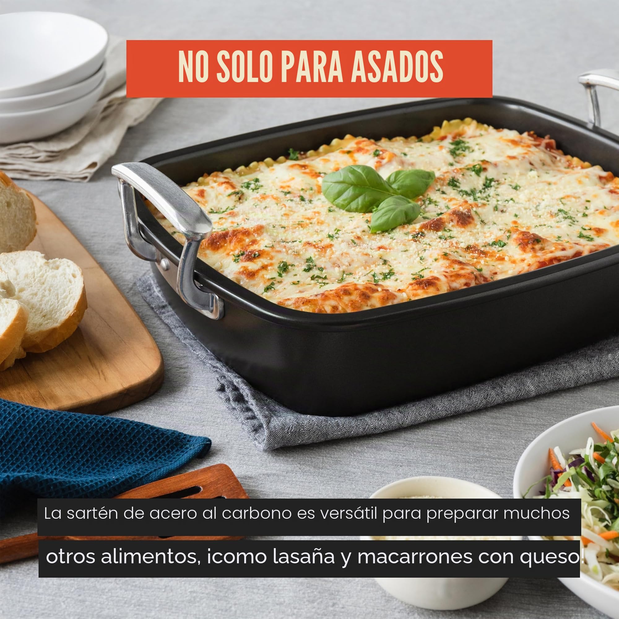Chef Pomodoro Bandeja Deluxe para Asar, 47x37 cm, Extra Grande | Acero al Carbono con Rejilla en U, Ideal para BBQ