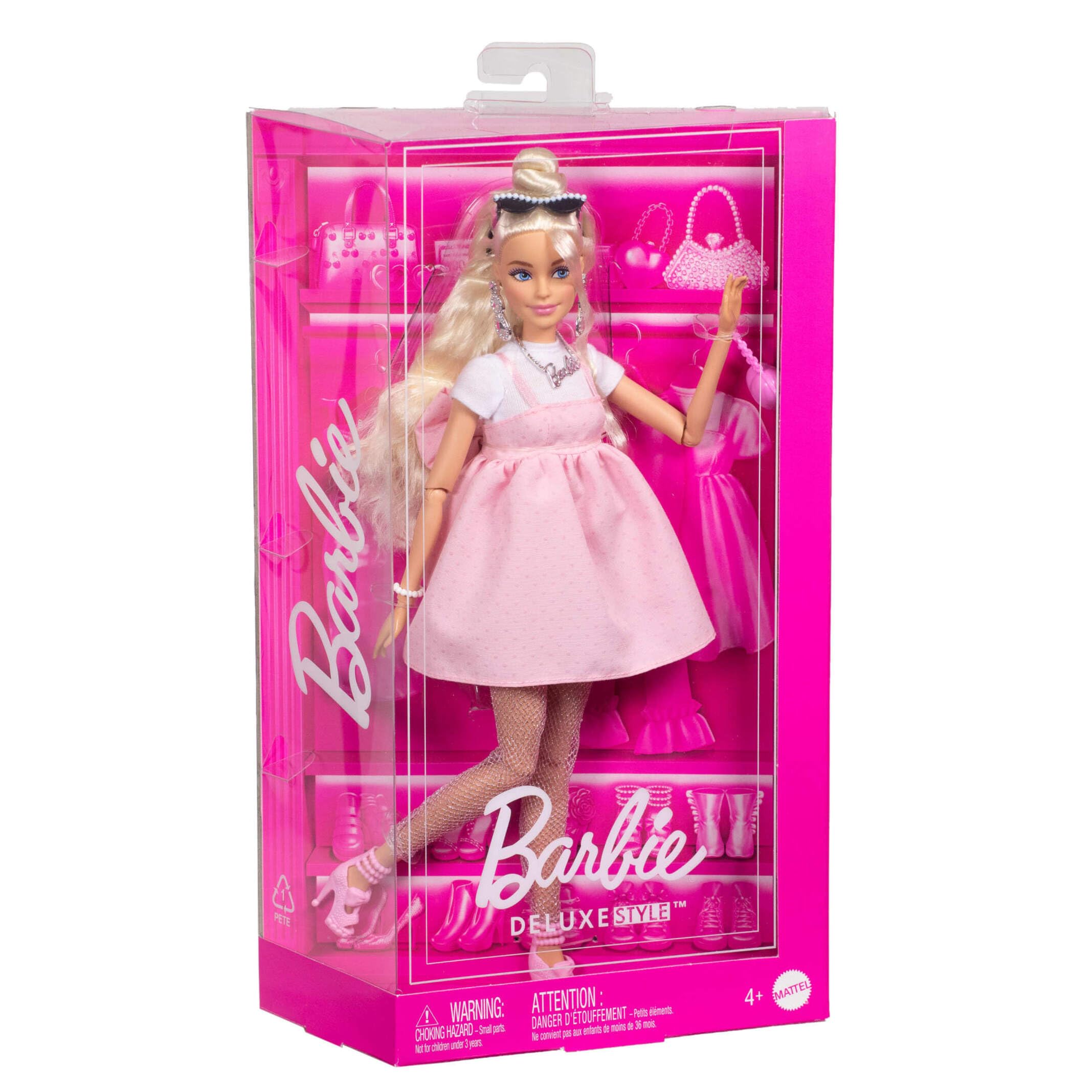 Barbie Deluxe Style Muñeca n. 3 con conjunto de moda Barbiecore, pelo rubio con moño alto, vestido rosa pastel con lazo grande y accesorios como medias de redecilla, HYV27