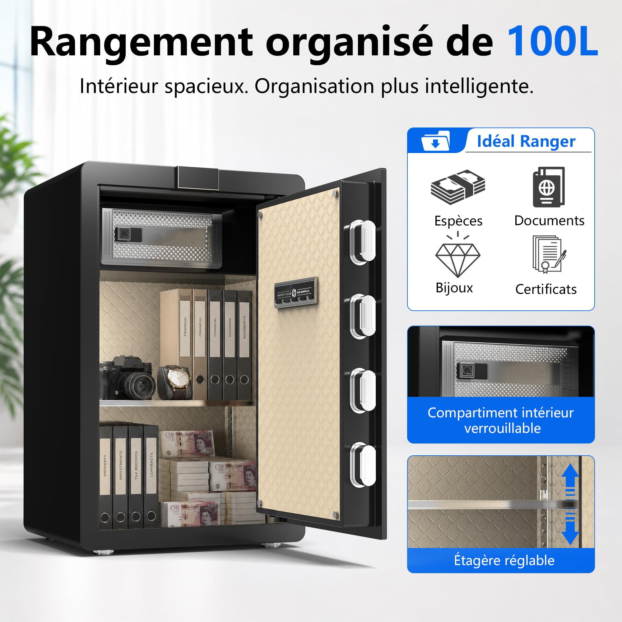 34KG Lourd Coffre Fort en Acier, 100L Coffre-fort Électronique avec Digitale Code et Clé, pour Maison et Bureau, Idéal pour Bijoux, Argent et Documents A4, Notice en Français (Blanc,100L)
