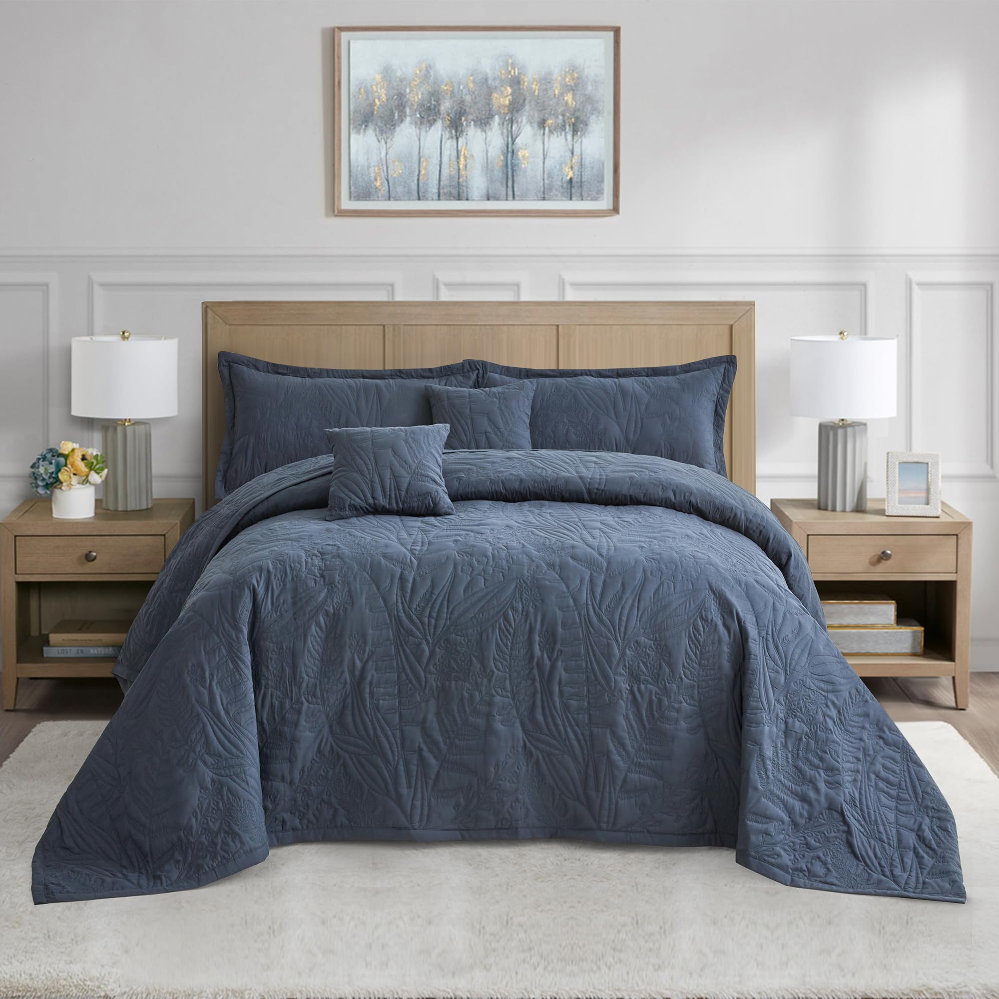HZ &amp; HY Oversized King Bedspreads 128x120, Botanical, Navy